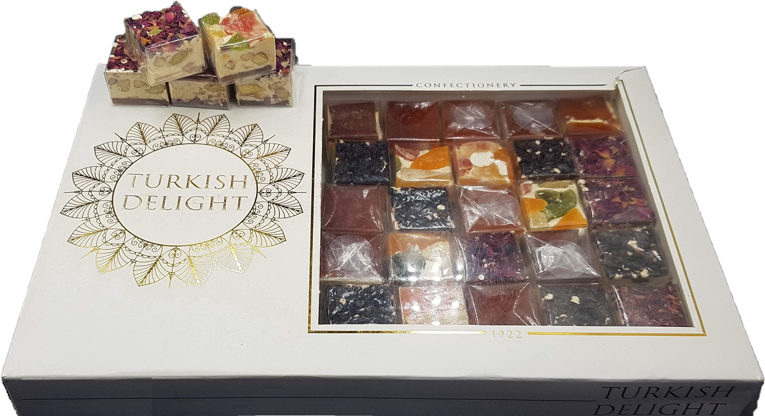 Torrone Nougat Candy (20 Oz, 36 Pcs), Soft Delicious Candy Artfully Decorated - Assorted Fruit & Nut Nougat Gift Box (20 Oz, 36 Pieces)