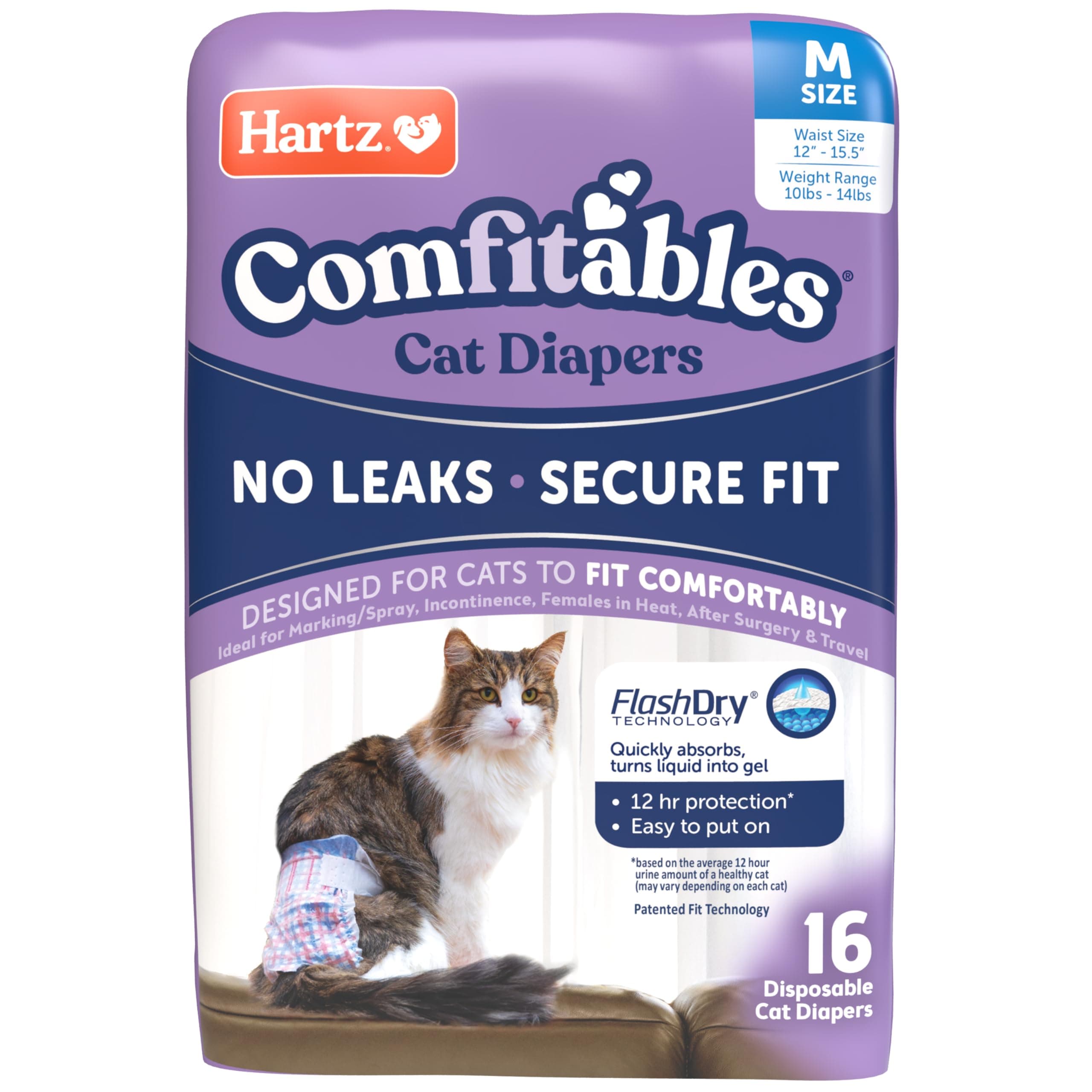 Hartz Comfitables Cat Diapers, Size M 16 Count, Comfortable & Secure Fit, Easy to Put On