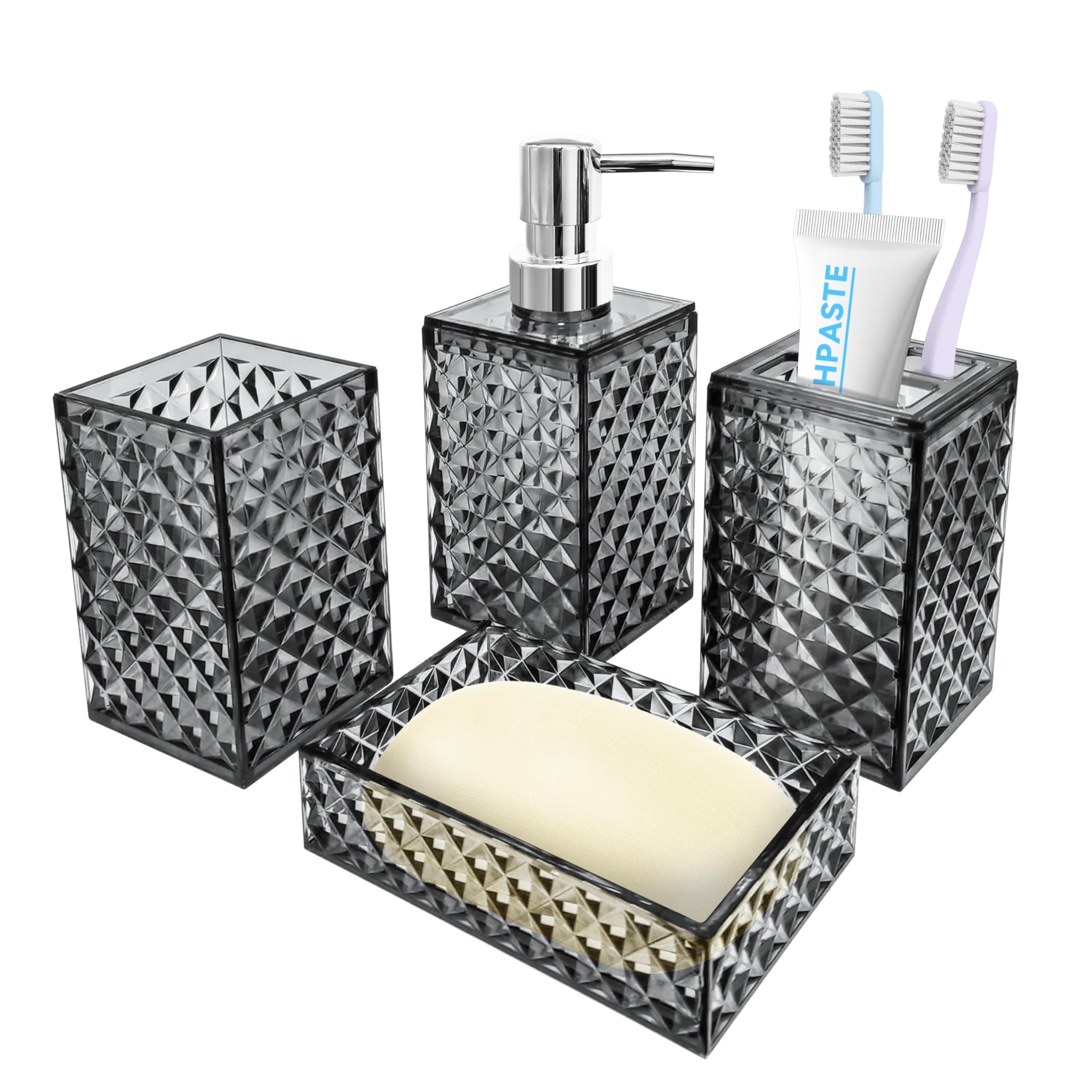 Bathroom Accessory Set, 4 PCS Grey Bathroom Accessories Set, Soap Dispenser and Toothbrush Holder Set, Soap Dish and Mouthwash Cup, Boho Bathroom Decor, Bathroom Sets Accessories