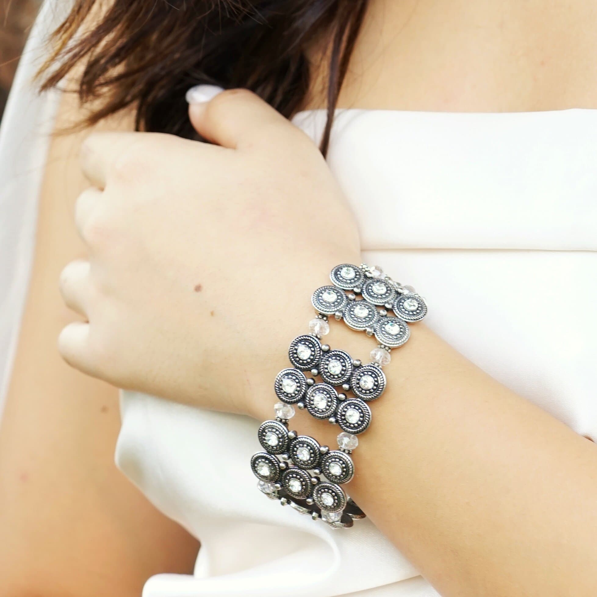 Chunky Tribal Silver Crystal Boho Bracelet