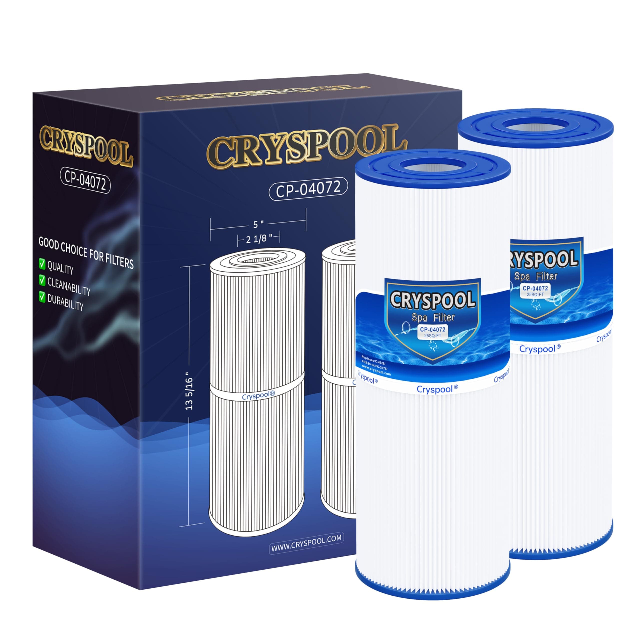 Cryspool® 04072 Filter Compatible with PRB25-IN Hot Tub Filter, C-4326, FC-2375, 3005845, R172327, R173429, 33521, 25392, 817-2500, 5X13 Drop in Spa Filter, 2 Pack