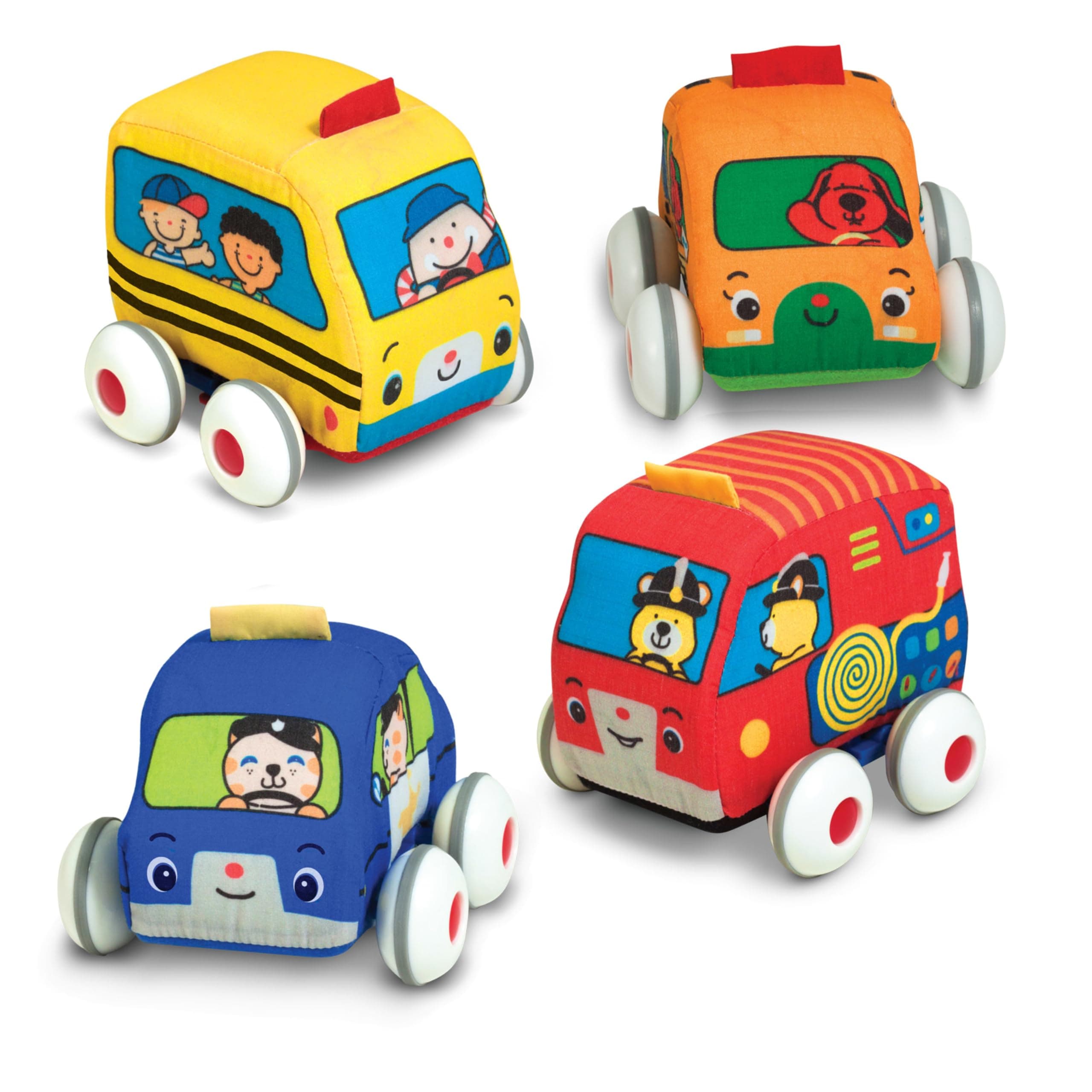 Melissa & Doug K's Kids Pull-Back Town Vehicle Set - Baby Toys Set with 4 Soft Toy Cars and Trucks, Surface Washable with Removable Wheels, Learning Toys for Babies and Toddlers