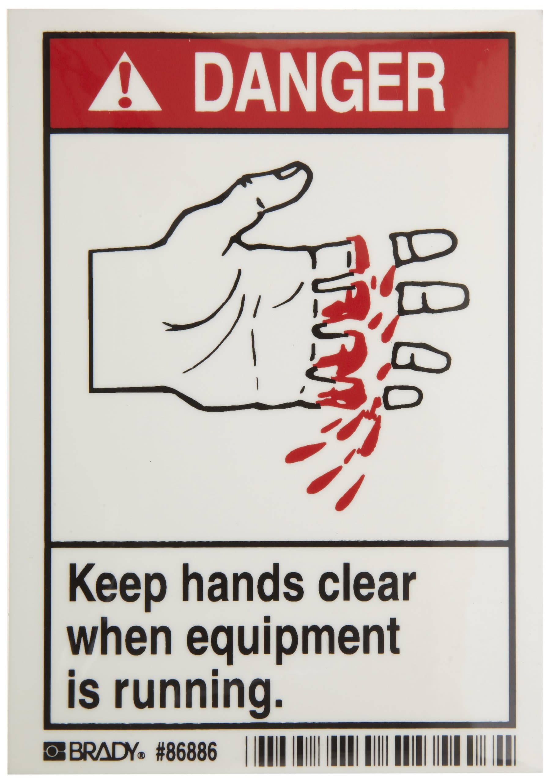 Brady 86886 3-1/2" Width x 5" Height, B-302 High Performance Polyester, Black and Red on White Machine and Equipment Labels, Header "Danger", Legend "Keep Hands Clear When Equipment is Running", Pack of 5