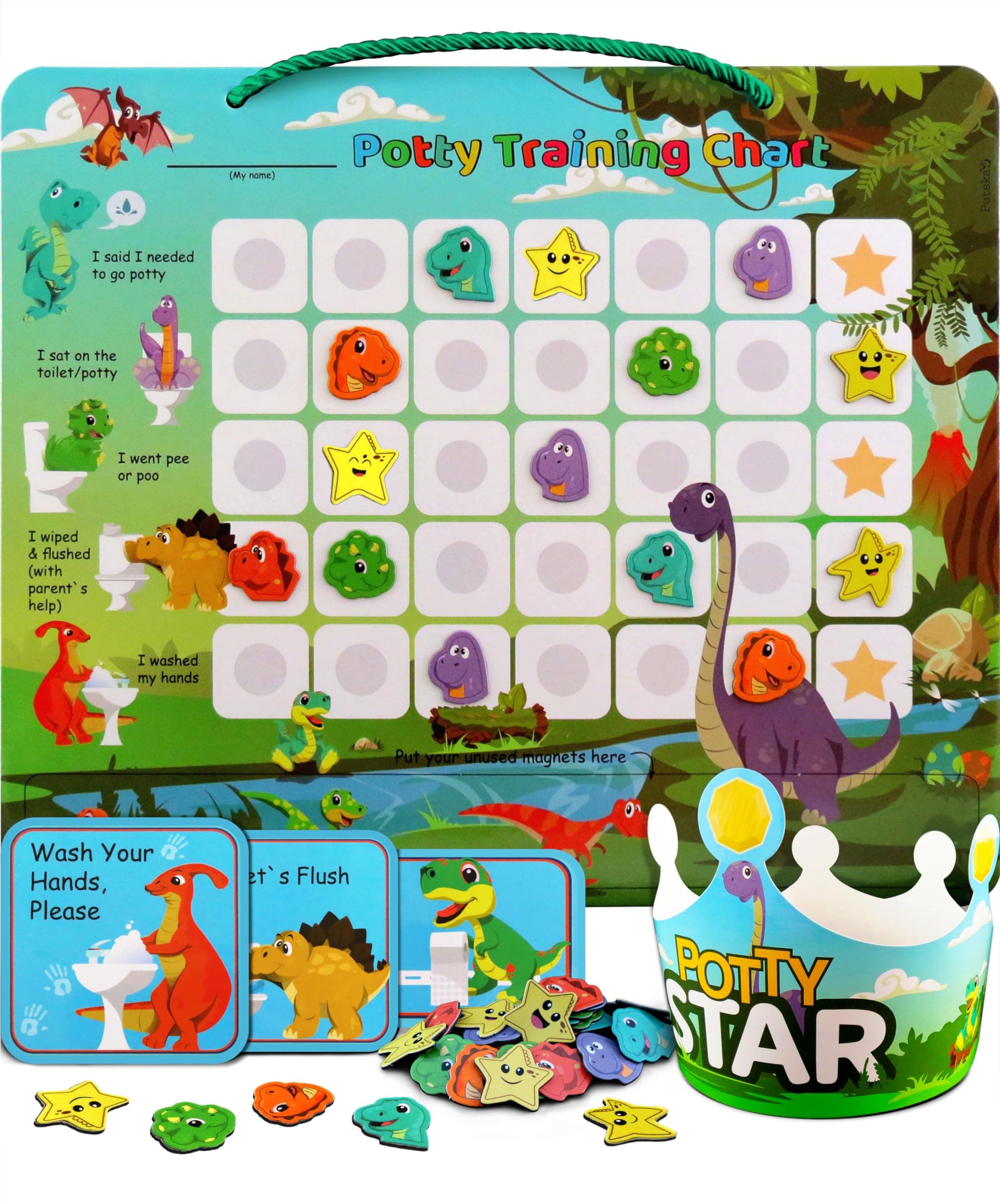 Potty-Training-Chart-with-35 Reusable Magnetic-Stickers. A Dinosaur Potty Chart that Reward Toddlers ââ‚¬â€œ Motivational Toilet Potty Training Stickers Chart for Boys & Girls (Dinosaurs)