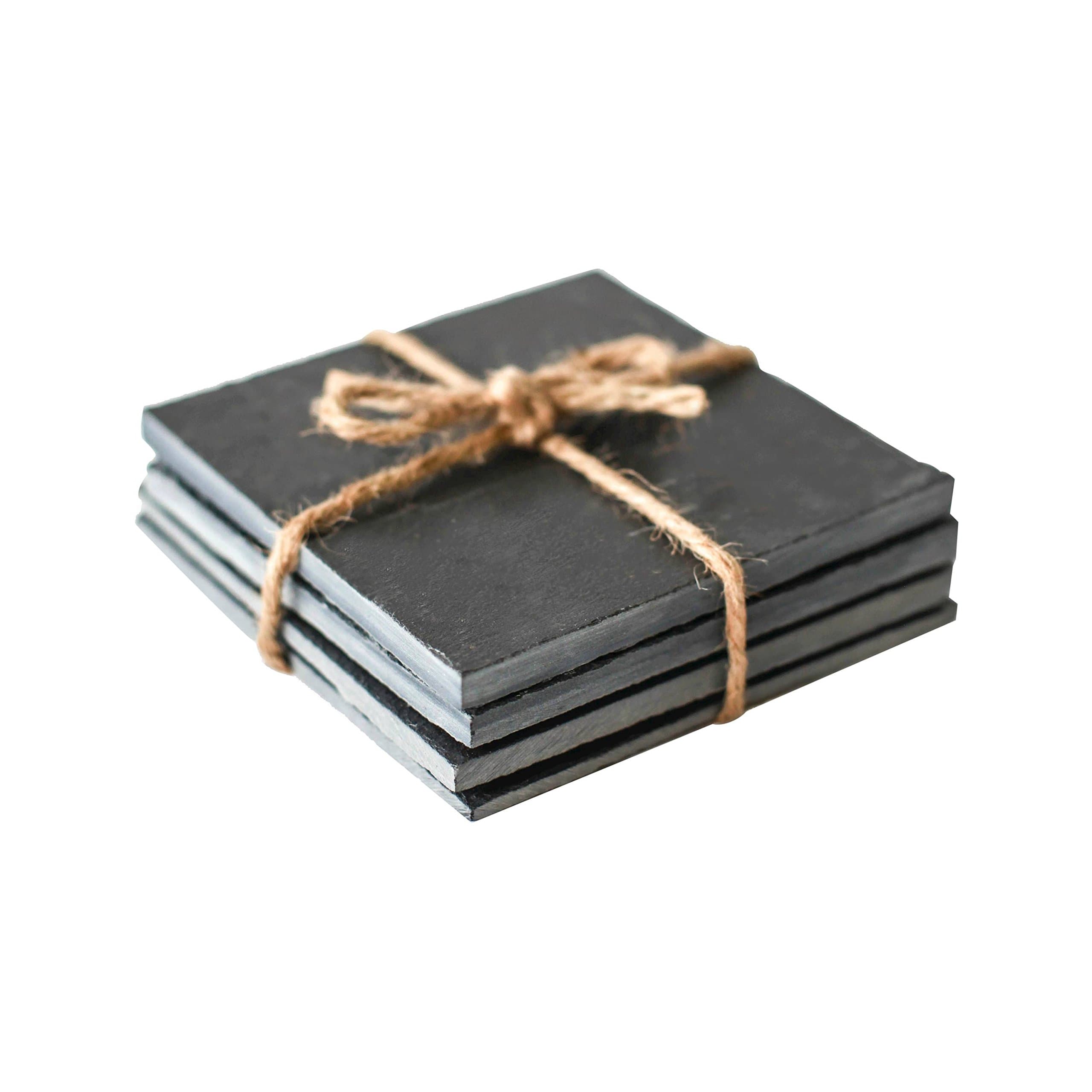 Square Cut Slate Coasters by EMEMO® - Set of 4 Unique 4"x4", Handmade Coasters for Drinks, Beverages, Wine Glasses - Elegant Look & Unmatched Furniture Protection - Made of Genuine Black Slate