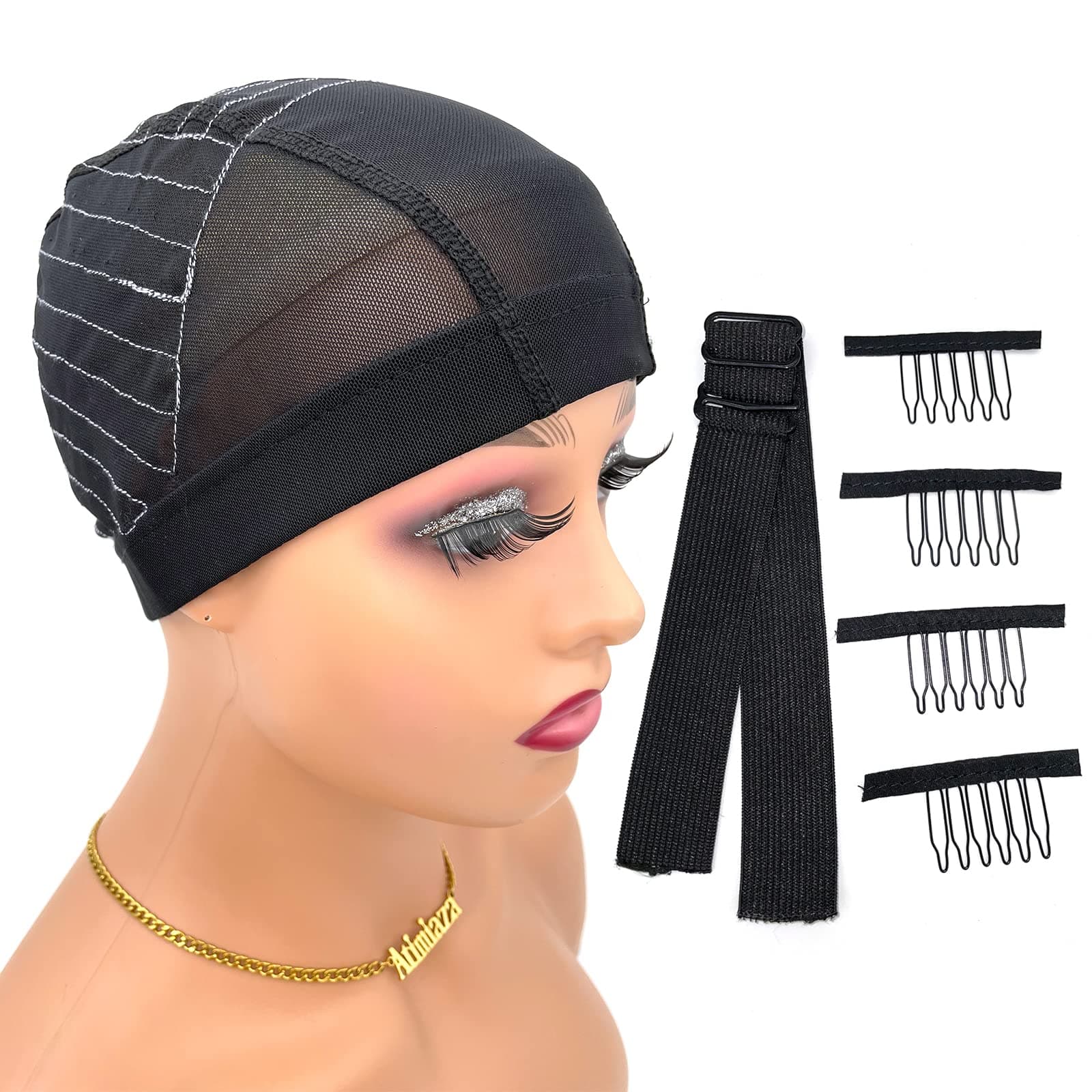 Atimiaza Wig Cap with Guideline Map for Wig Making, Stretchable Mesh Dome Caps with 1 Elastic Band and 4 Wig Combs for Beginners Sewing Wig (Small: 19"-20", 13 * 4 Frontal)