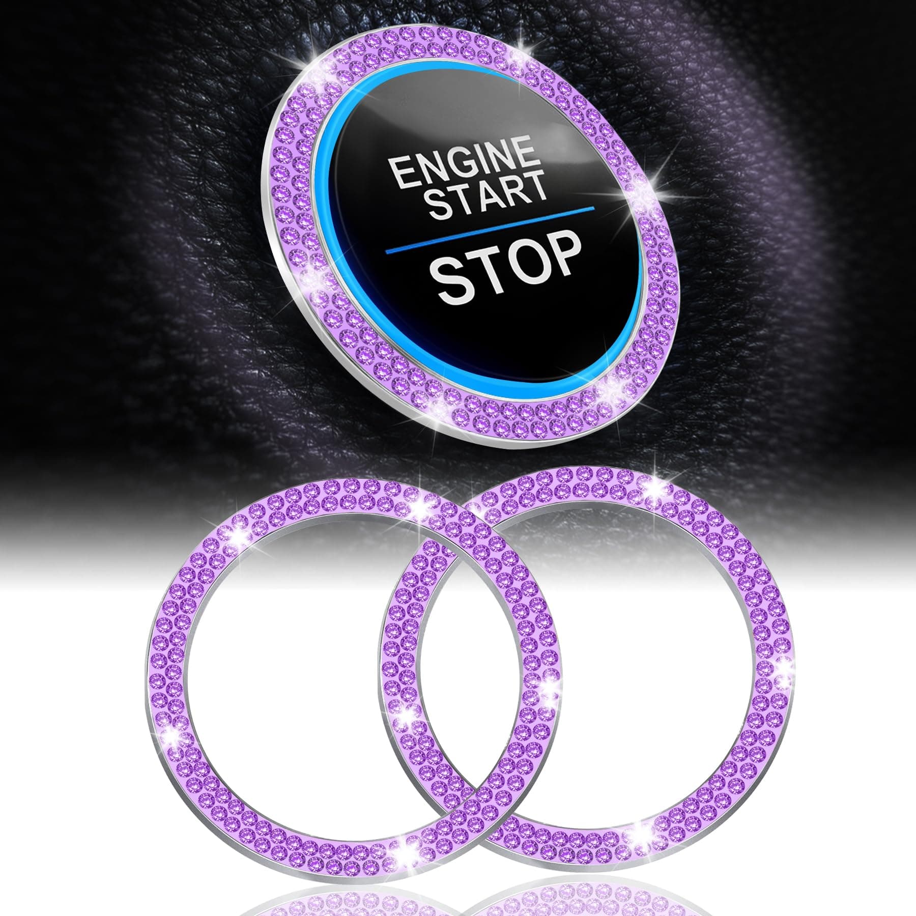 LivTee 2 PCS Crystal Double Rhinestone Car Engine Start Stop Decoration Ring, Bling Car Interior Accessories for Women, Push to Start Button Cover Sticker, Automotive Decals, Purple