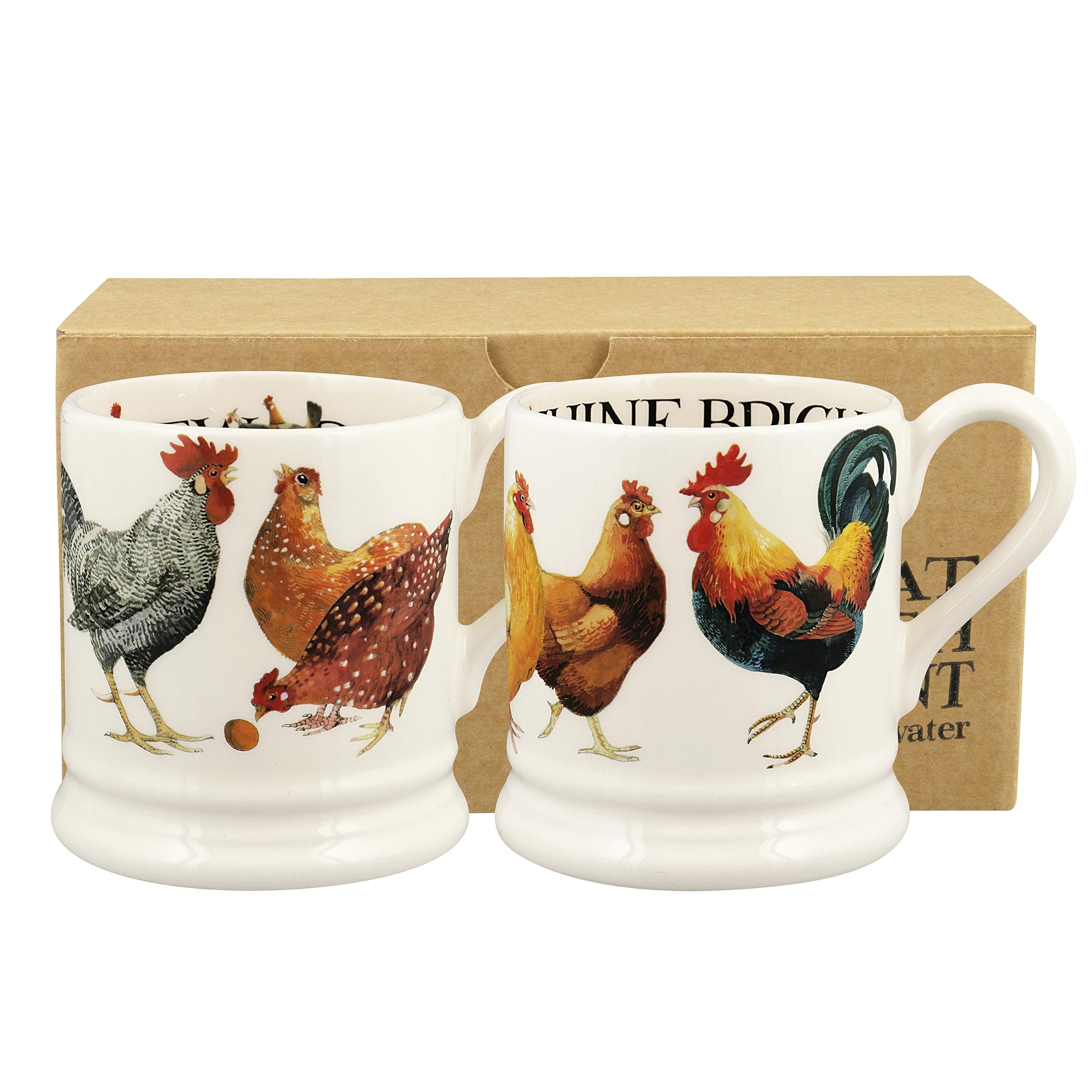 Emma Bridgewater Handmade Ceramic Rise & Shine Script Chicken Gift Set Of 2 Half-Pint Coffee and Tea Mugs