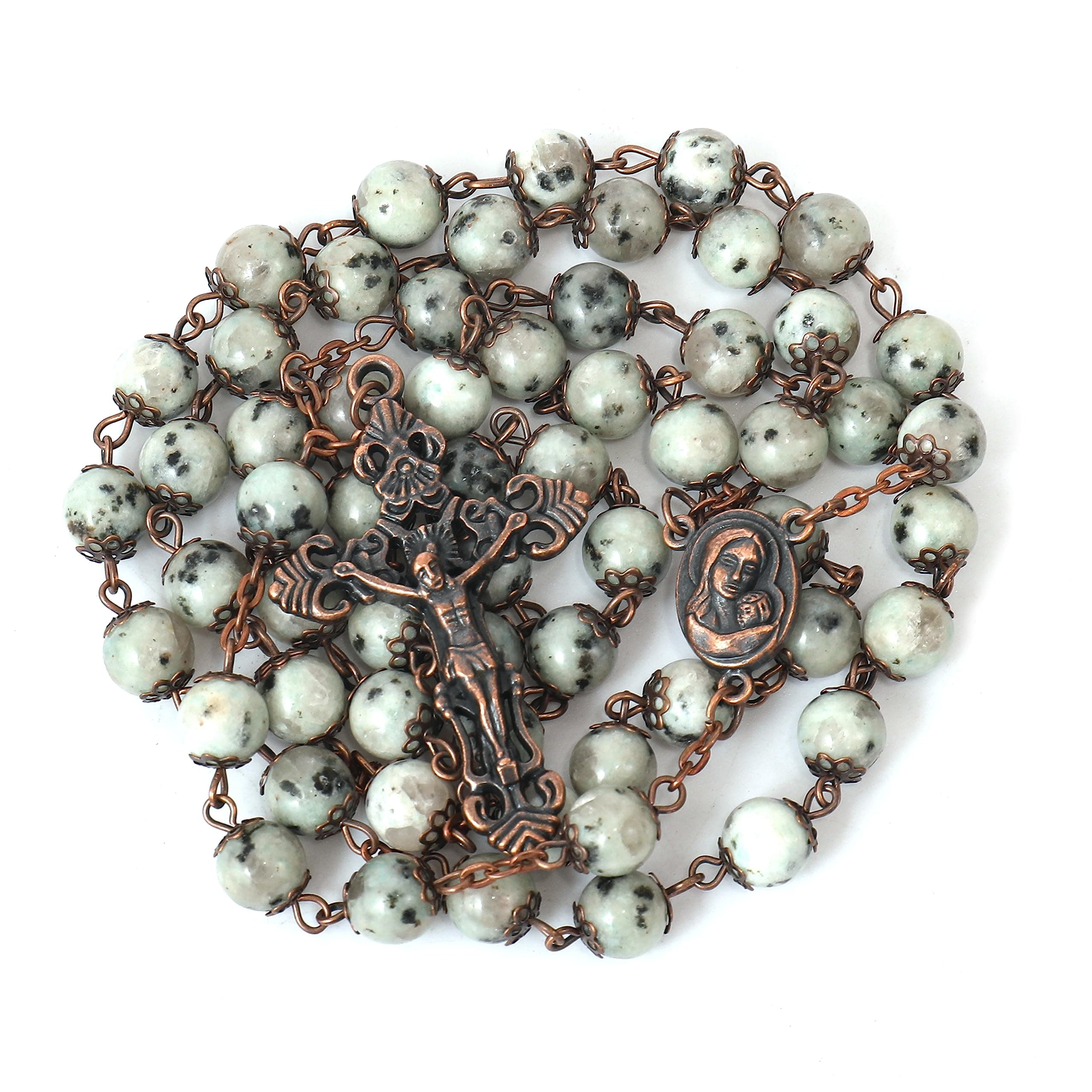 Natural Stone Beads 8mm Rosary Necklace Antique Copper Design Holy Soil Medal & Cross in Velvet Bag - Catholic Rosaries Terra Santa Jerusalem Collection