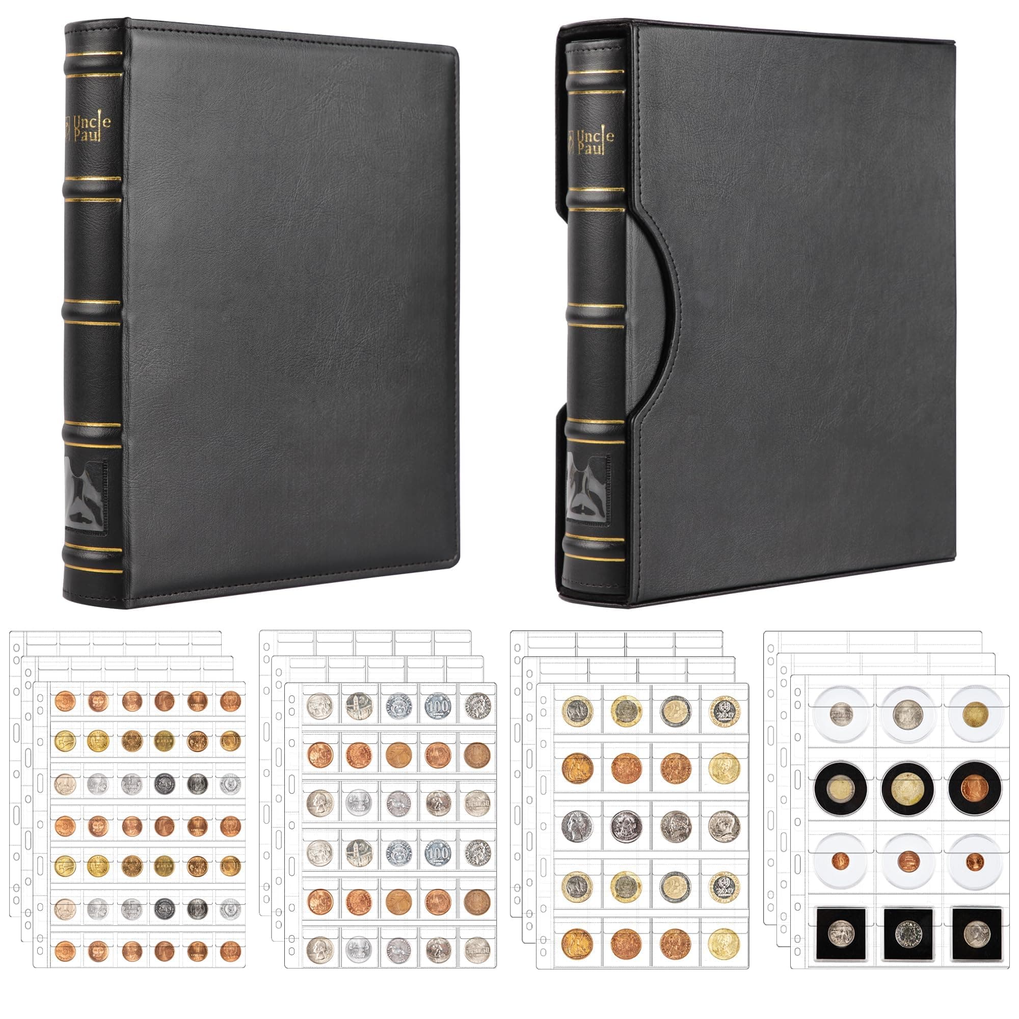 Uncle Paul Binder with Slipcase 4-Ring for Coins/Stamps/Bank Notes/Documents with 12PCS Pocket Pages 9.6x 11.8 BC01