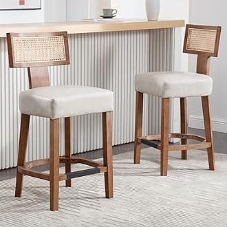 26’’ Rattan Barstools with Back Counter Height Bar Stool Set of 2, Grey PU Leather Modern Kitchen Counter Stool Upholstered Farmhouse Wicker Bar Stool, Boho Bar Stool Chairs with Natural Wood Frame