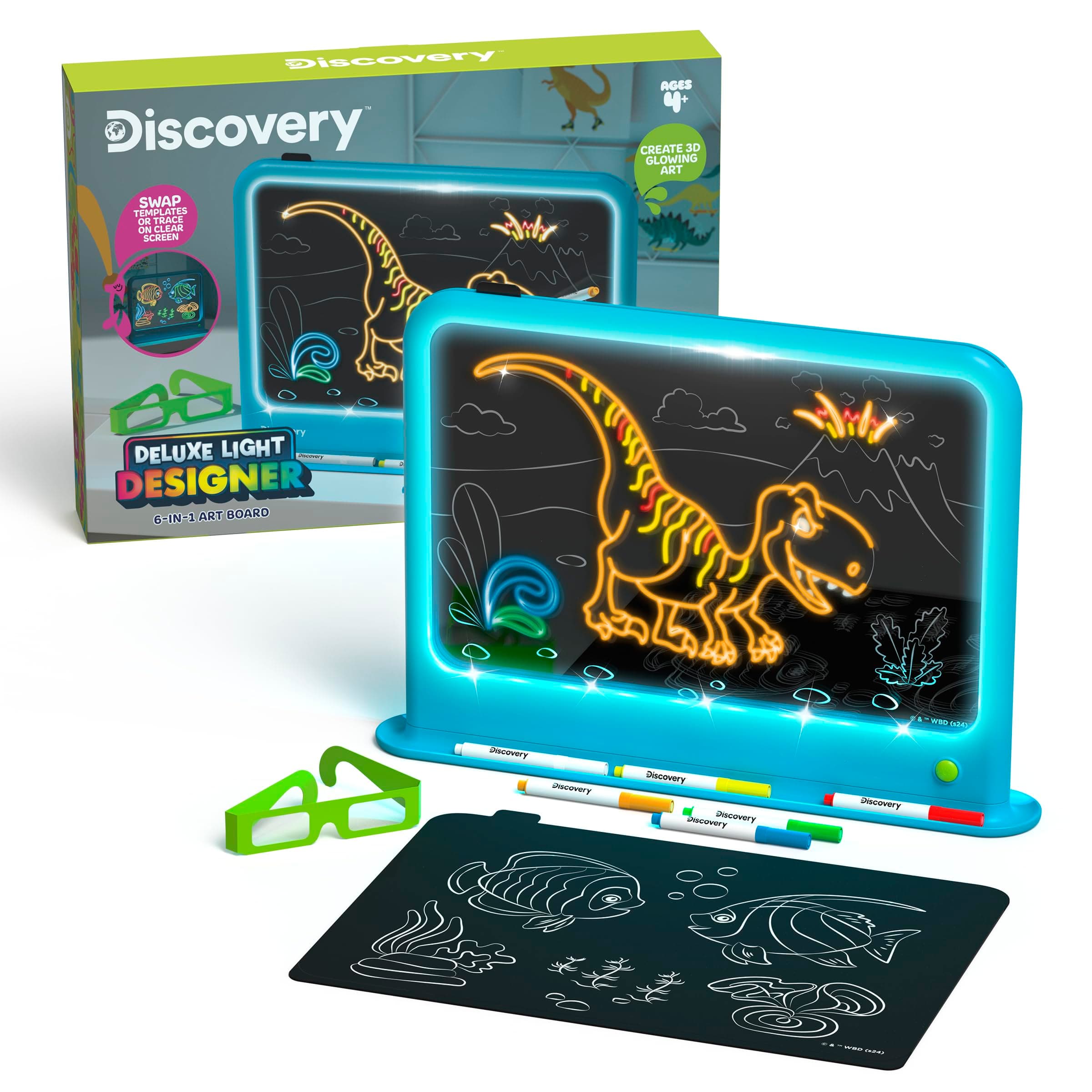 Discovery™ Deluxe Light Designer 6-In-1 Art Board – Includes 3D Glasses, 6 Washable Markers, Templates, 12 Light Modes| Kids Drawing Tablet, LED Scribble Doodle Electronic Drawing Pad Activity Toy Set