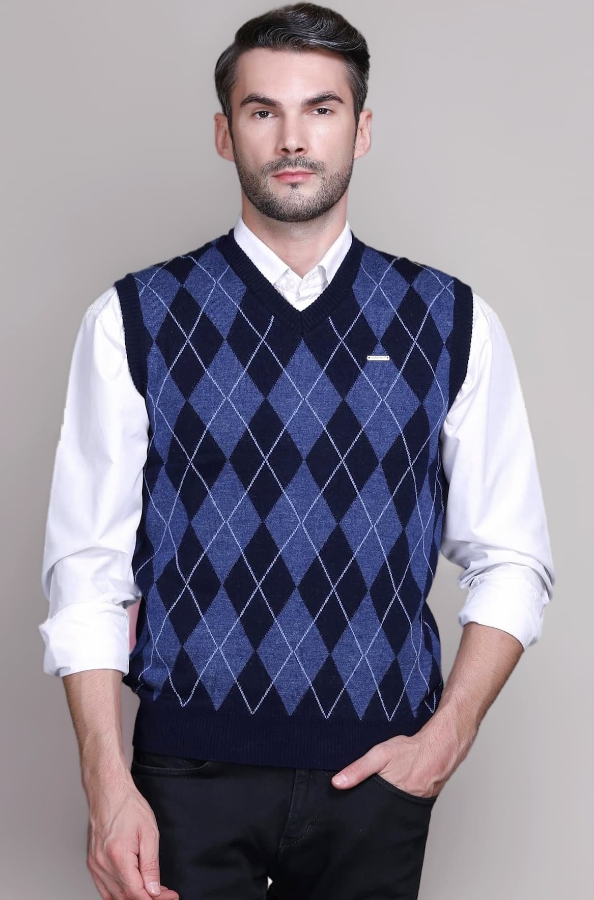 Woolen V Neck Sleeveless Half Sweater for Man Winter Pullover