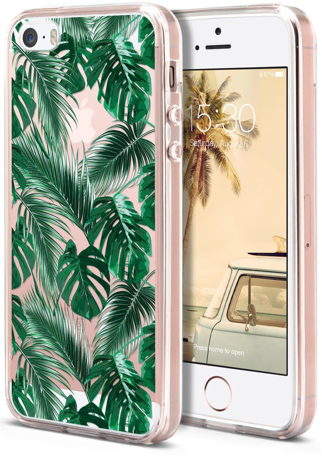 iPhone SE / 5S / 5 Case, ROOEL [Tropical Palm Leaves Artwork Pattern] Slim Soft Protective TPU Bumper Frame Hard Clear Transparent Acrylic PC Plastic Back for Apple iPhone 5S Phone Cover