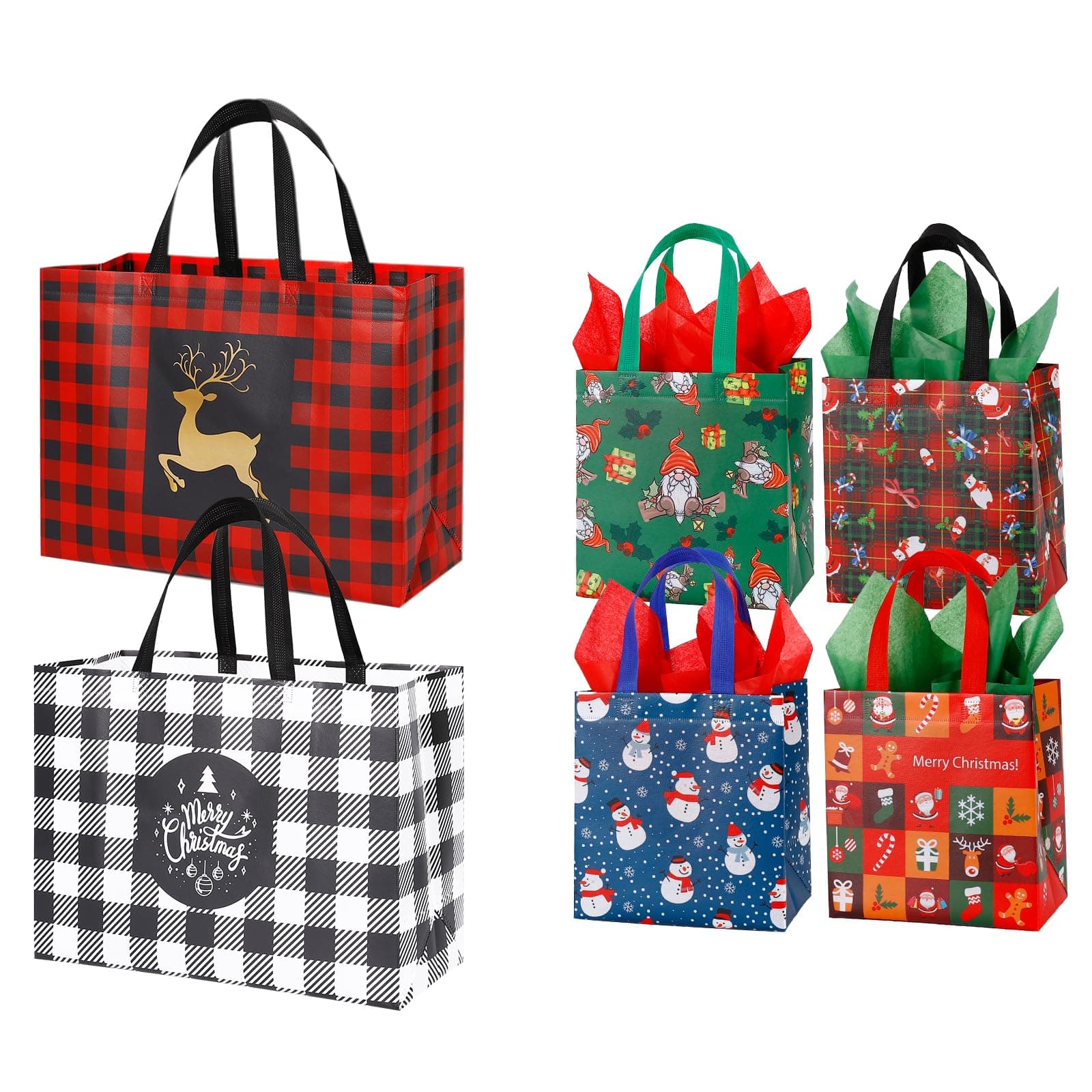 YANGTE 32 Pack Christmas Gift Bags Assorted Sizes, 8 Extra Large & 24 Small Reusable Christmas Tote Bags with Handles, Non-woven Christmas Bags for Xmas Party Favors, Gift Bags Christmas