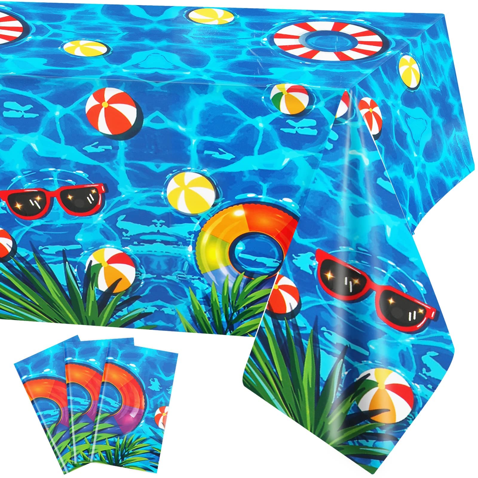 PHOGARY 3 Pieces Summer Beach Tablecloths Pool Party Table Covers Beach Ball Rectangular Plastic Tablecloth Ocean Waves Tablecover for Pool Party Decorations, 51 x 86 inch