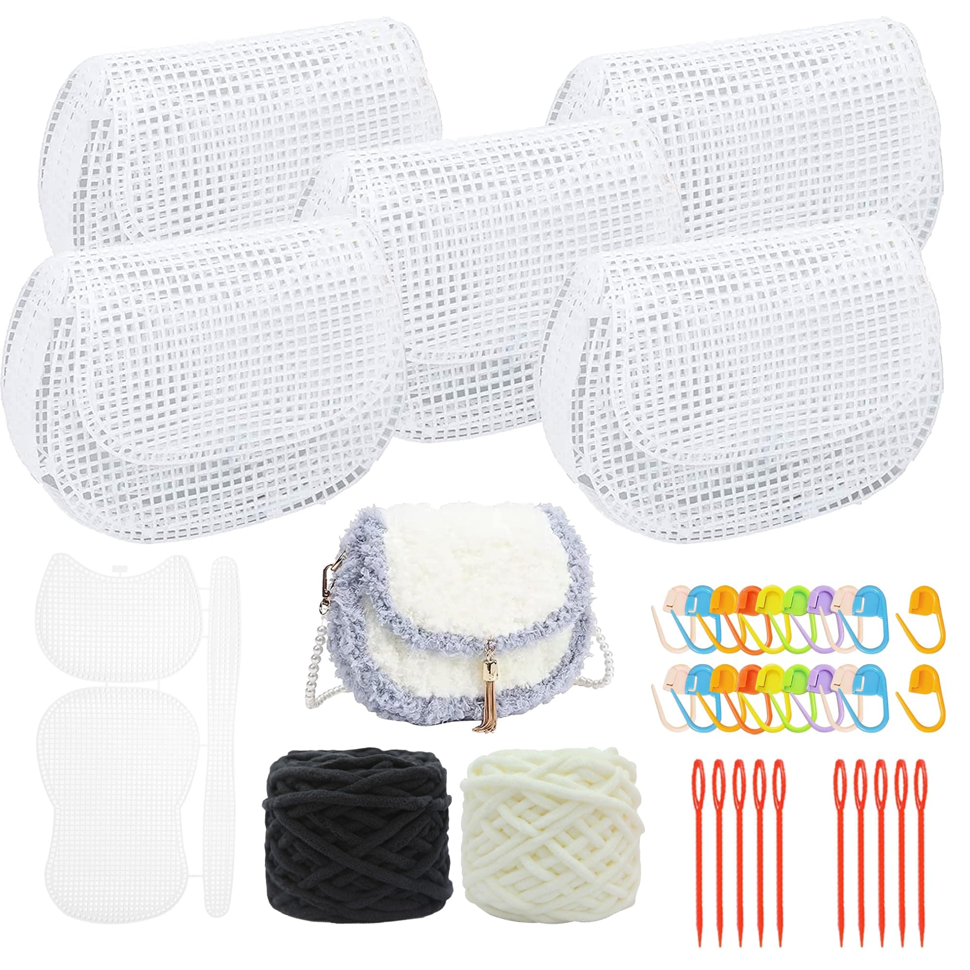 Allazone 37 PCS Clear Mesh Canvas Sheets for Embroidery, Mesh Sheets with 2 Color Acrylic Yarn for DIY Sewing Bag