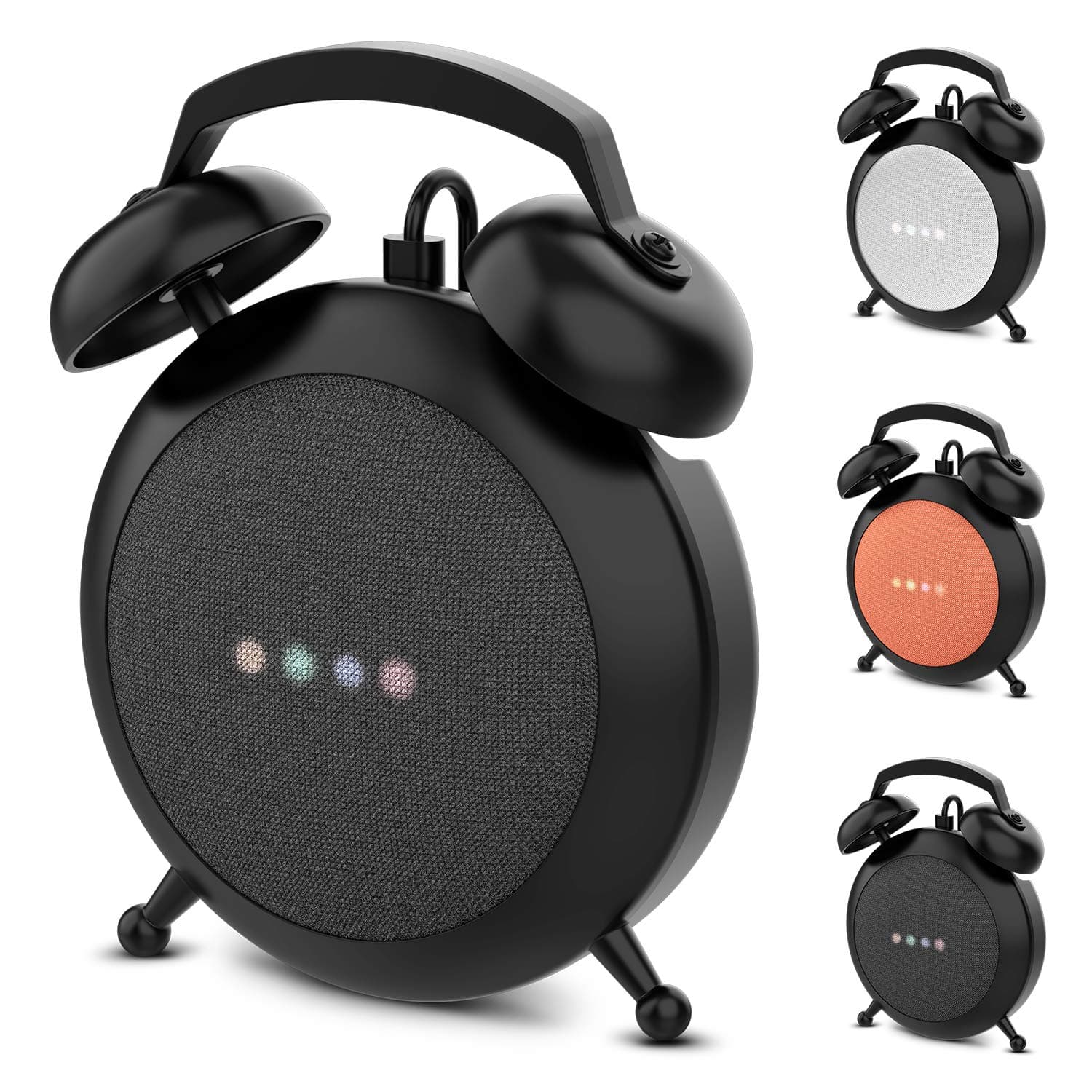 Portable Electronic Device Mount, Black - Google Home Mini and Nest Mini Stand Holder with Retro Alarm Clock Design, Protective Case & Cable Management