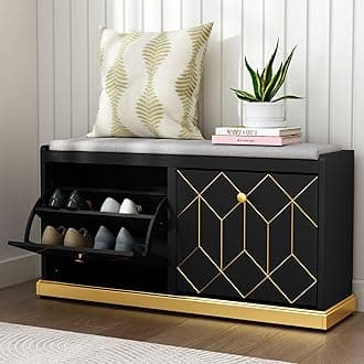 Shoe Bench Storage with Seat, Black Shoe Cabinet Cupboard with Cushion & Flip-Drawer, Shoes Storage Cabinet for Hallway, Entryway
