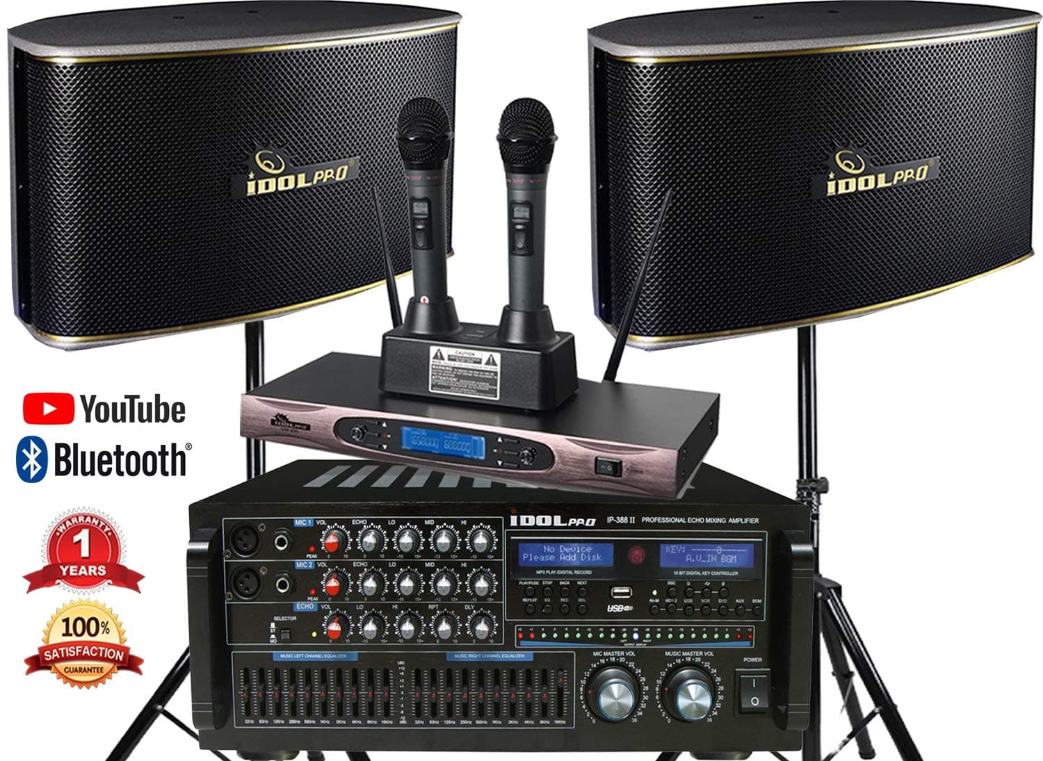 IDOLpro 1400Watts Professional Karaoke Mixing Amplifier With Bluetooth/Equalizer/HDMI Plus Speaker & Dual Rechargeable Wireless Microphone Karaoke System