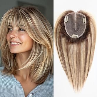starluck 6x5 inch Large Swiss Base SilkHug 14 Inch Real Human Hair Toppers,60 Gram, 100% Real Human Hair Toppers for Women with thinning (Ash Blonde Mixed Brown, with Bangs) 2T613/M6/16A#