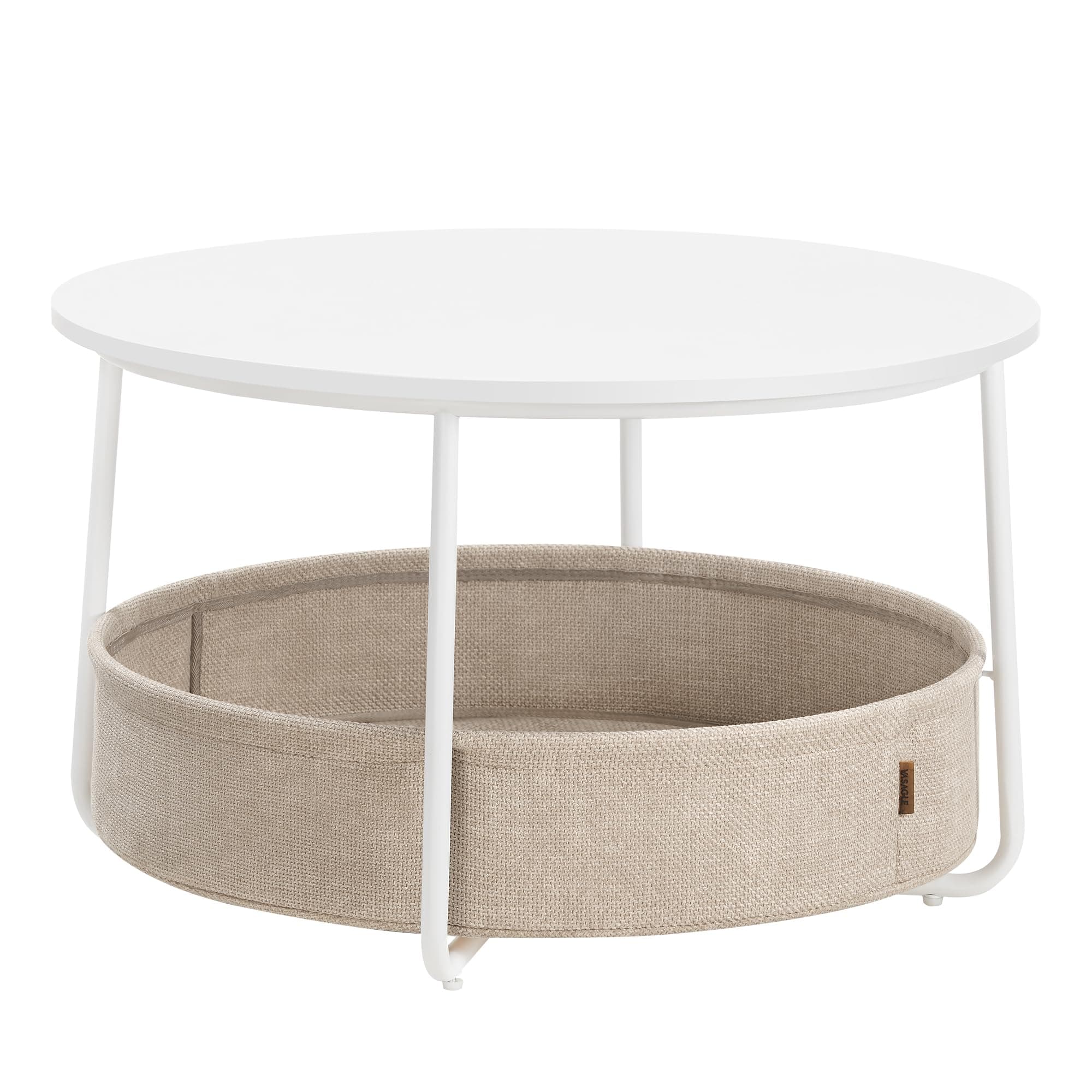 VASAGLE LCT244W10 Round Coffee Table with Storage Space Side Table Living Room Table with Fabric Basket Modern Metal Frame Matt White Camel Brown