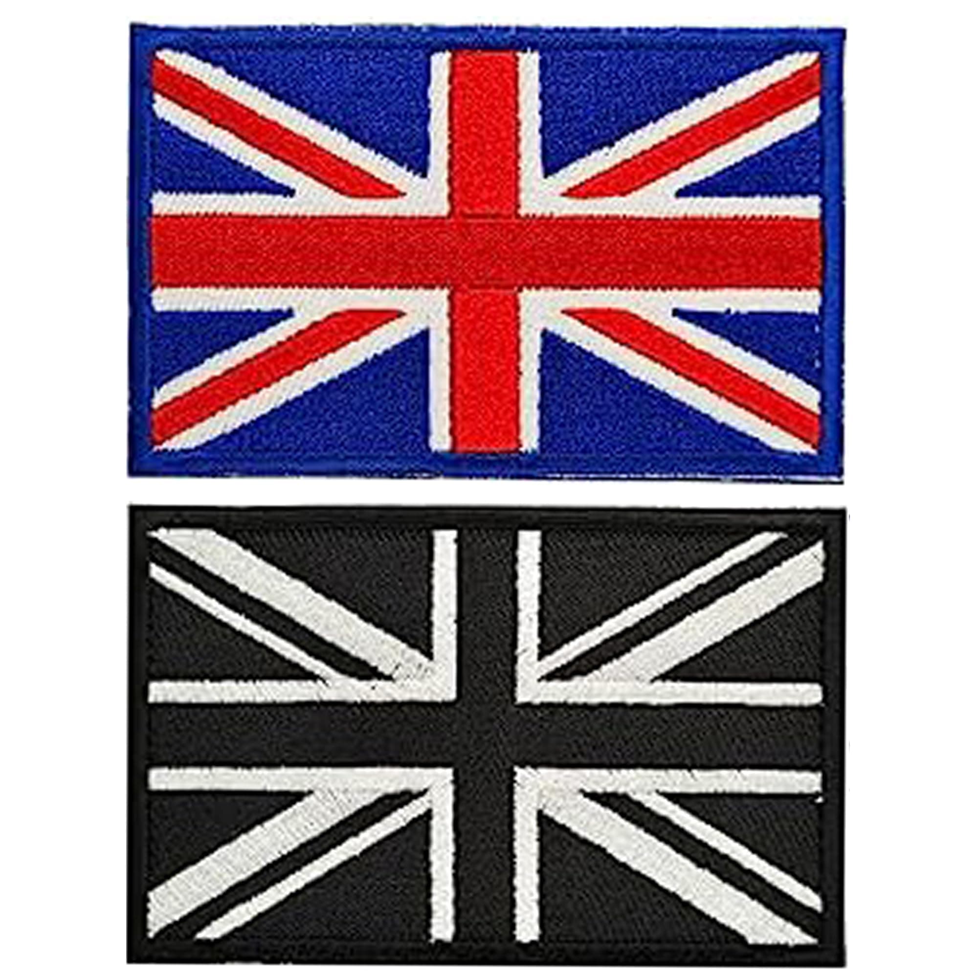 2Pcs Union Jack Patch,United Kingdom Flag Velcro Patch,Embroidered Flag Emblem UK Great Britain Applique Iron Sew on Patches Hook and Loop Applique for Backpacks Hats and Clothing(Black)