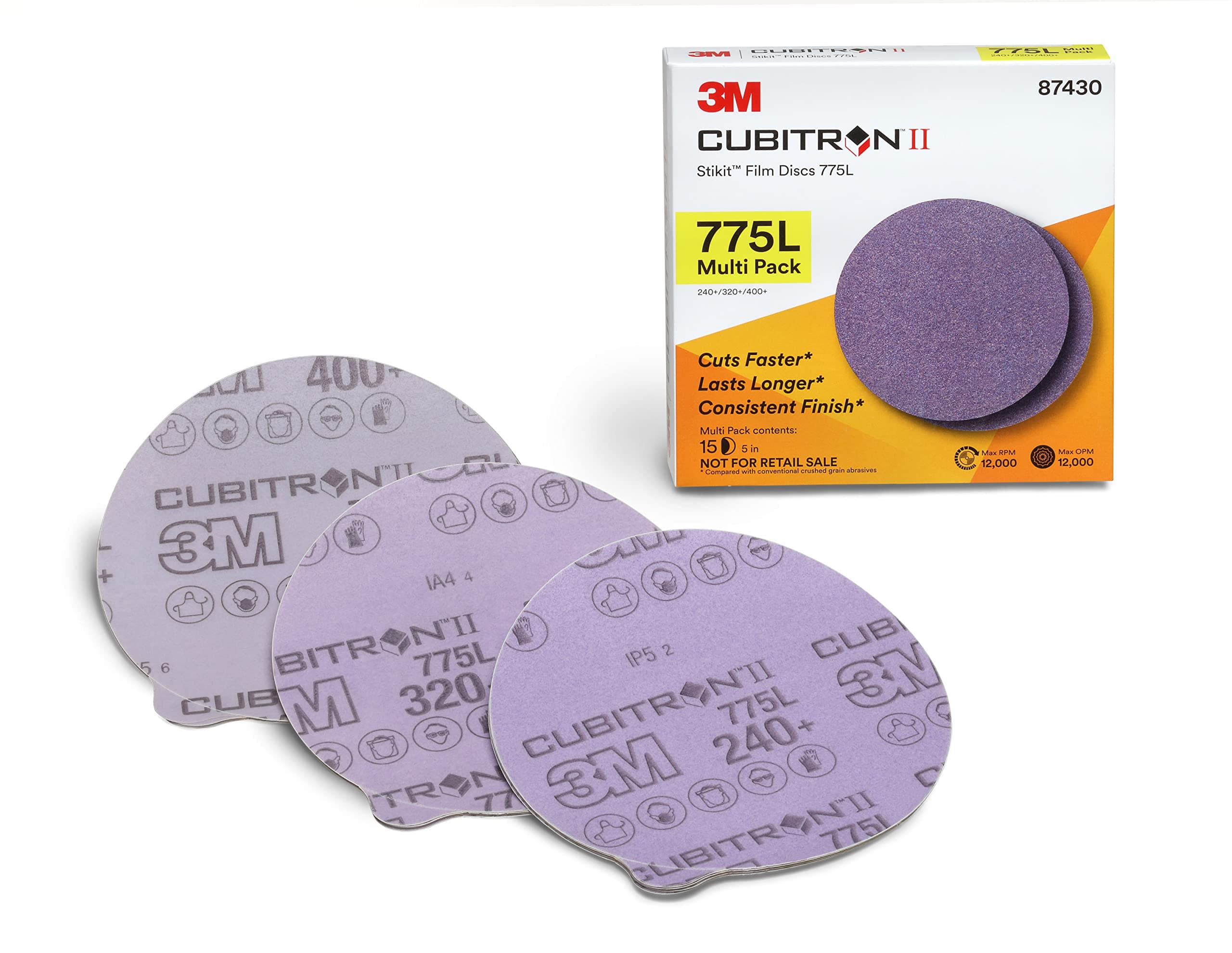 Cubitron II Stikit Disc 775L, 87430, Multi Pack, 5 in x NH, 240+, 320+, 400+ Coating Cut Cutting Angle Flute Purple