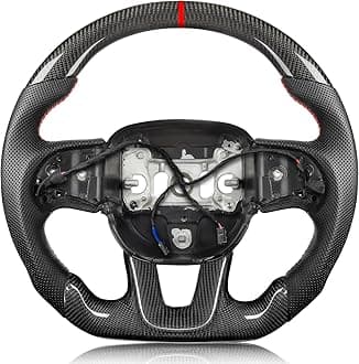 Tesfeel Steering Wheel for Dodge Charger for Dodge Challenger 2015-2024 3K Real Carbon Fiber Steering Wheel D-shaped Flat-bottom Perforated Leather Grip (SXT/GT/RT/SRT) with Heating