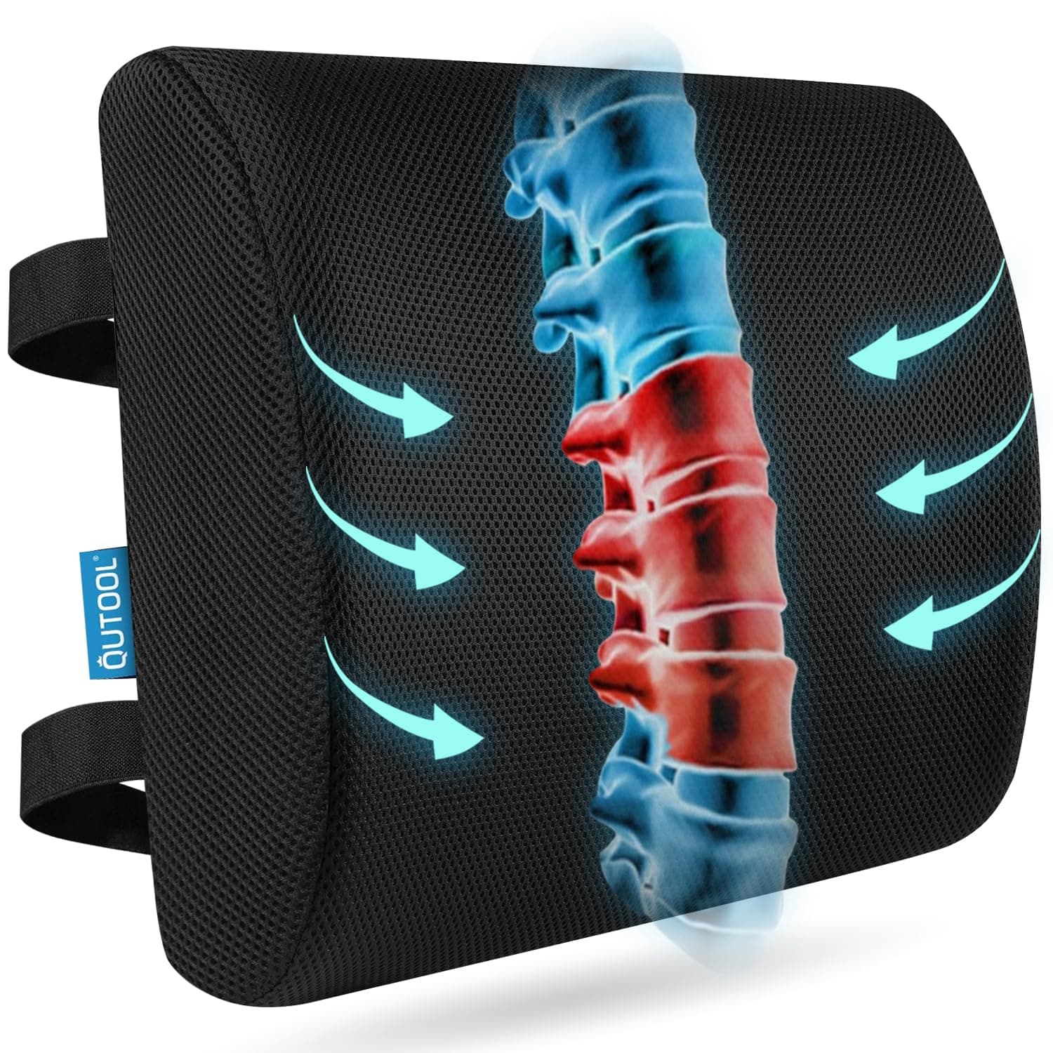 QUTOOL Lumbar Support for Car Seat, Memory Foam Back Cushion for Office Chair, Adjustable Strap and Washable Cover(Black)