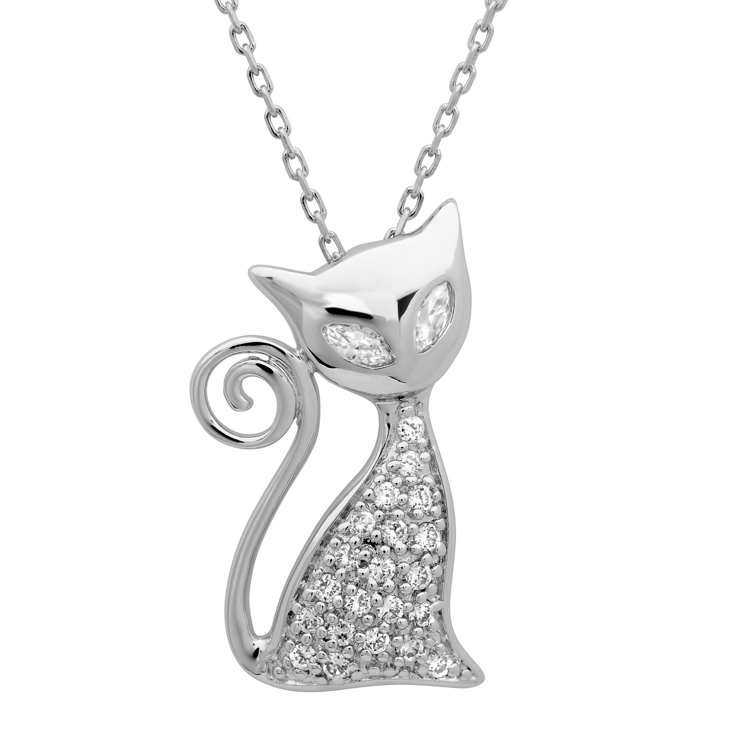 Sterling Silver Pave CZ Cat Necklace