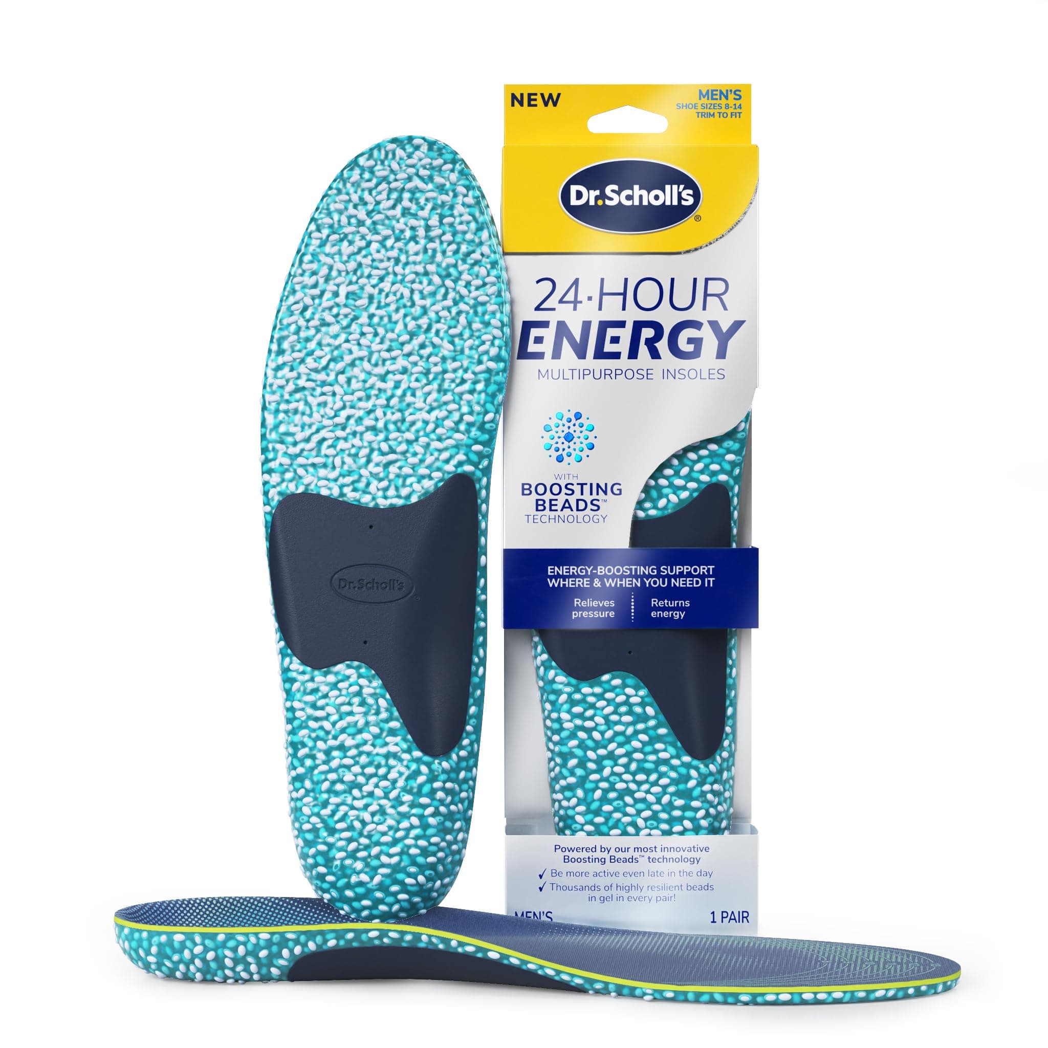 24-Hour Energy Multipurpose Insoles, Returns Energy with Every Step, Relieves Foot Pressure & Tired Achy Feet, Memory Foam & Gel Insert, Men's Shoe Size 8-14, 1 Pair