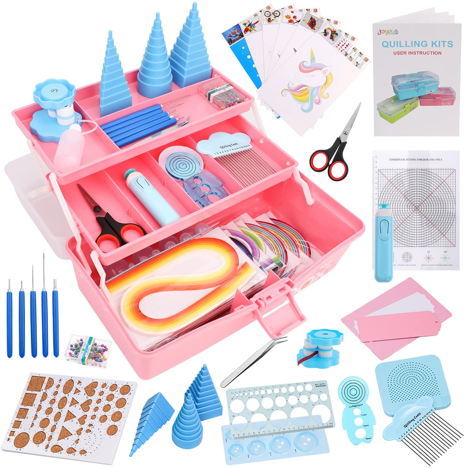 JoyPlus Quilling Kits for Beginners with Manual, 24 Tools & Supplies with Durable Storage Box, Updated Paper Crimper Tool, Premium Husking Board & Electronic Pen Pink