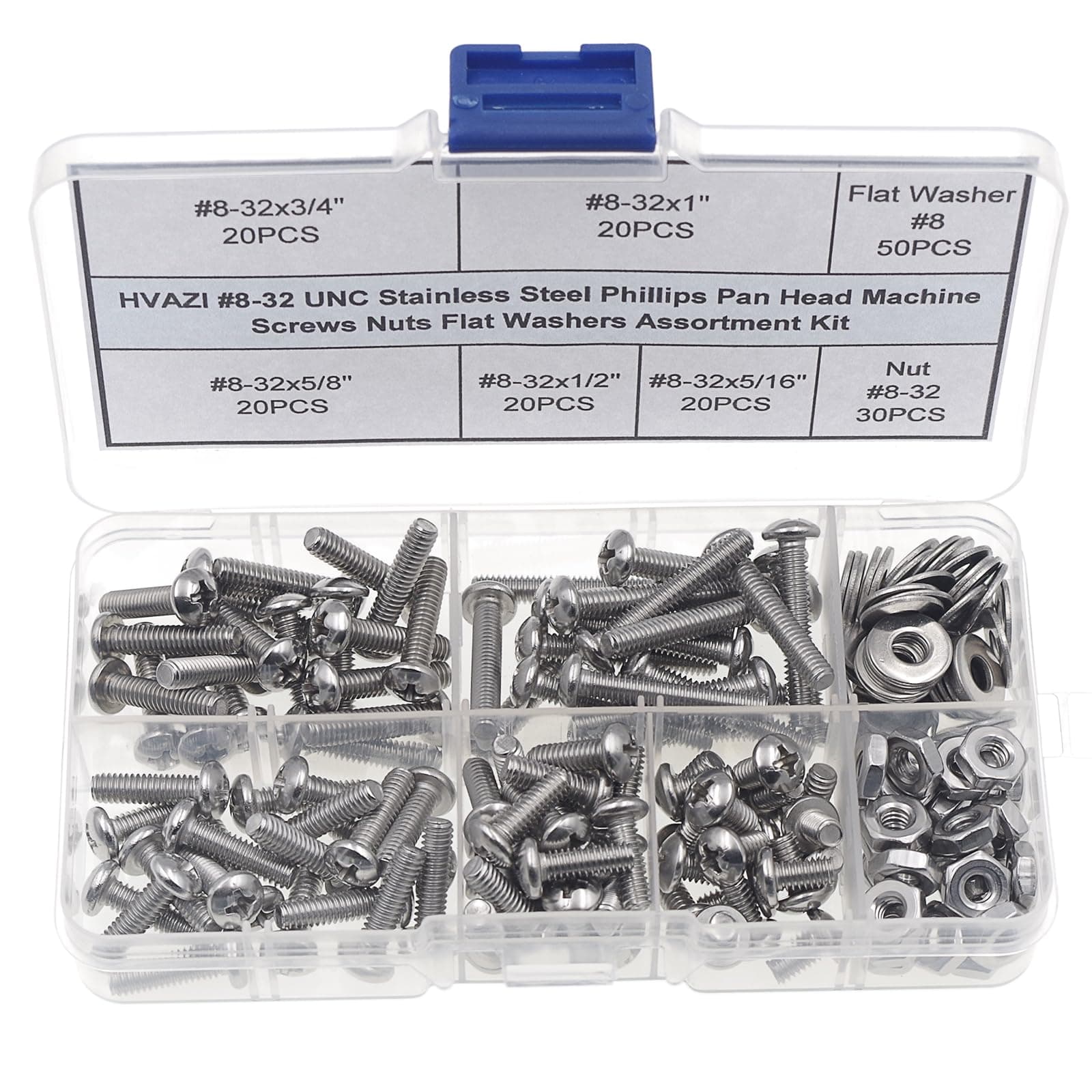 #8-32 UNC Stainless Steel Phillips Pan Head Machine Screws Nuts Flat Washers Assortment Kit