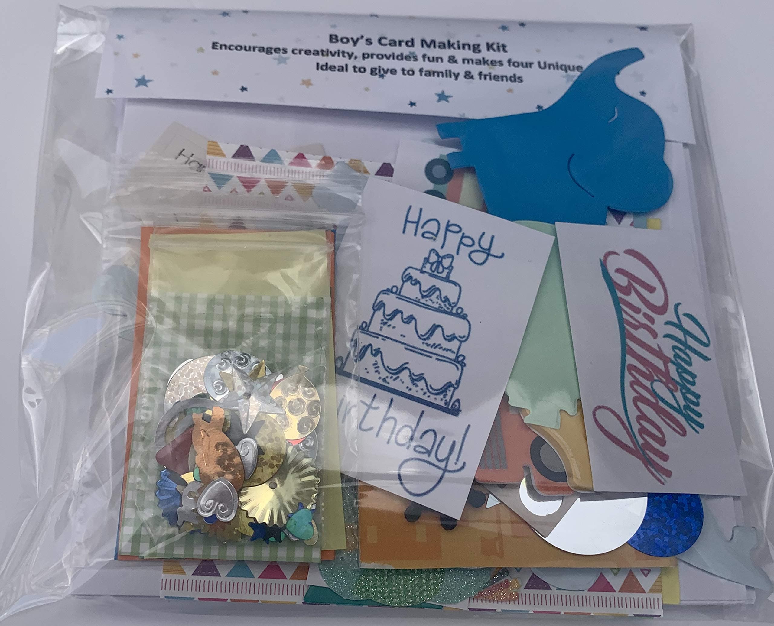 Boys Card Making Kit - includes 4 cards and envelopes, shapes, coloured papers, embellishments and much more