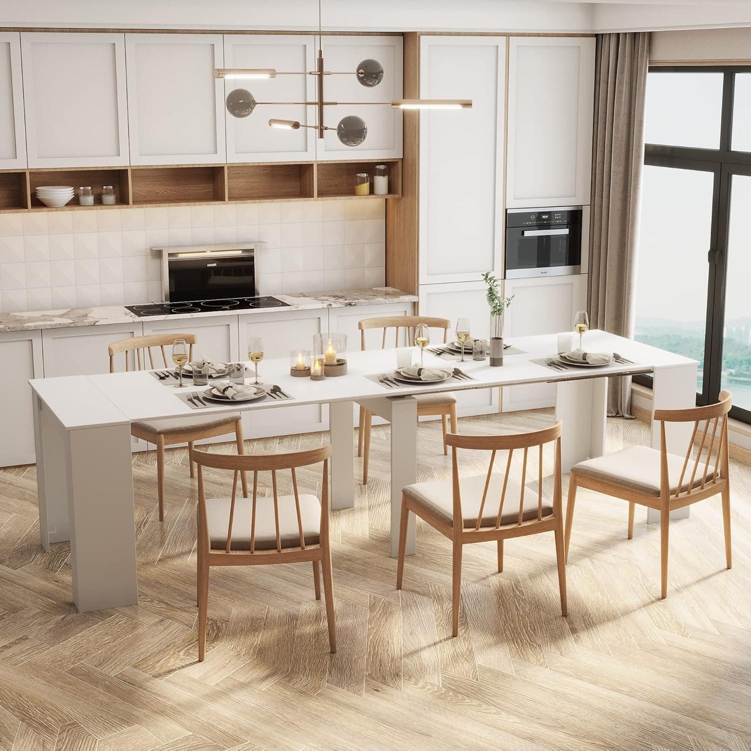 20"-118" White Extendable Dining Table for 2-12 People, Modern Modular Extension Table, Space-Saving Extra Long Folding Dining Table, Multifunctional Conference Meeting Table