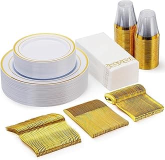 175 Pieces Gold Dinnerware Set for 25 Guests, Plastic Plates Disposable for Party, Include: 25 Dinner Plates, 25 Dessert Plates, 25 Paper Napkins, 25 Cups, 25 Gold Silverware Set