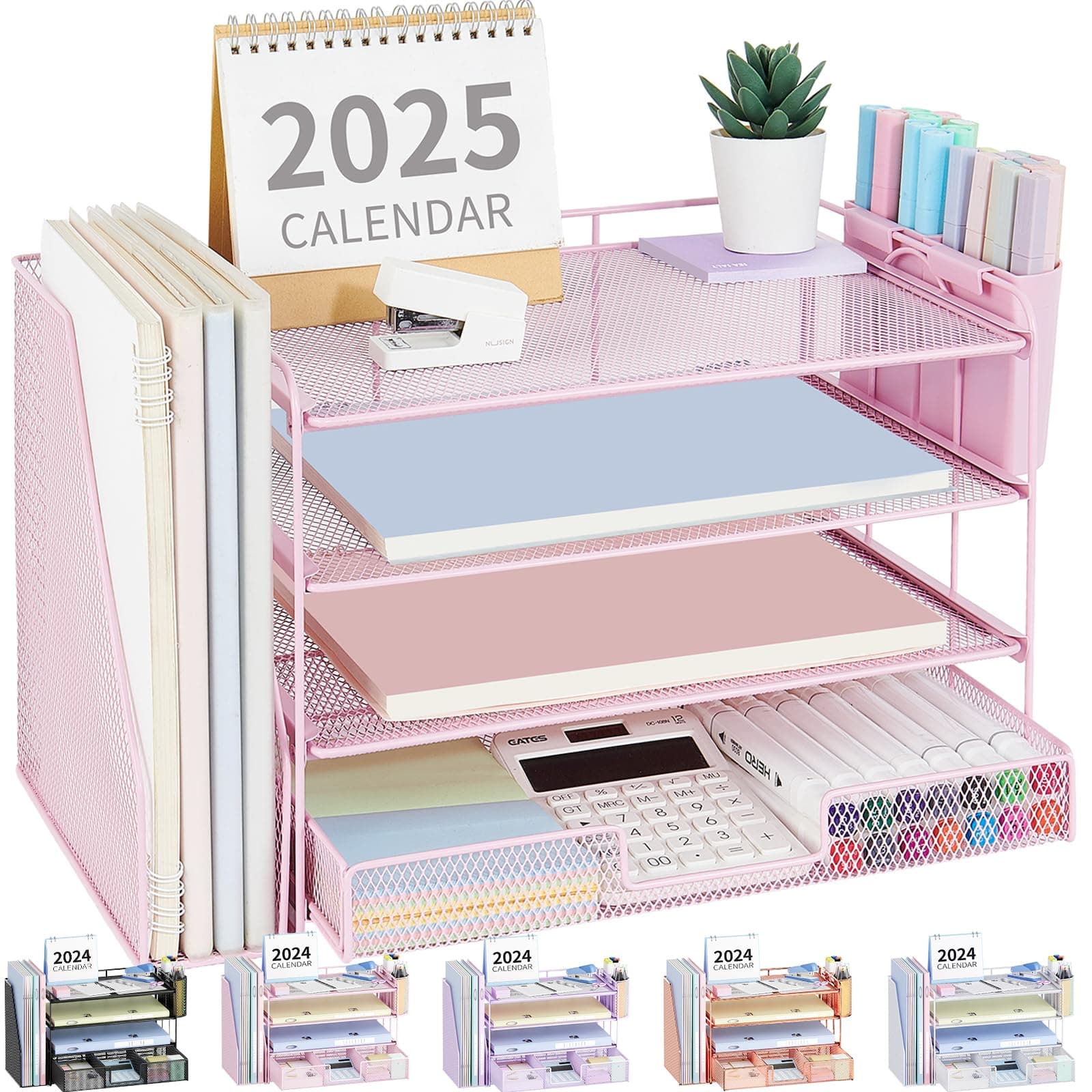 OPNICE Desk Organizer, 4-Tier Desktop File Organizer with Drawer and 2 Pen Holders, Office Desk Accessories, File Sorters, Workspace Organizers for Office Supplies(Pink)