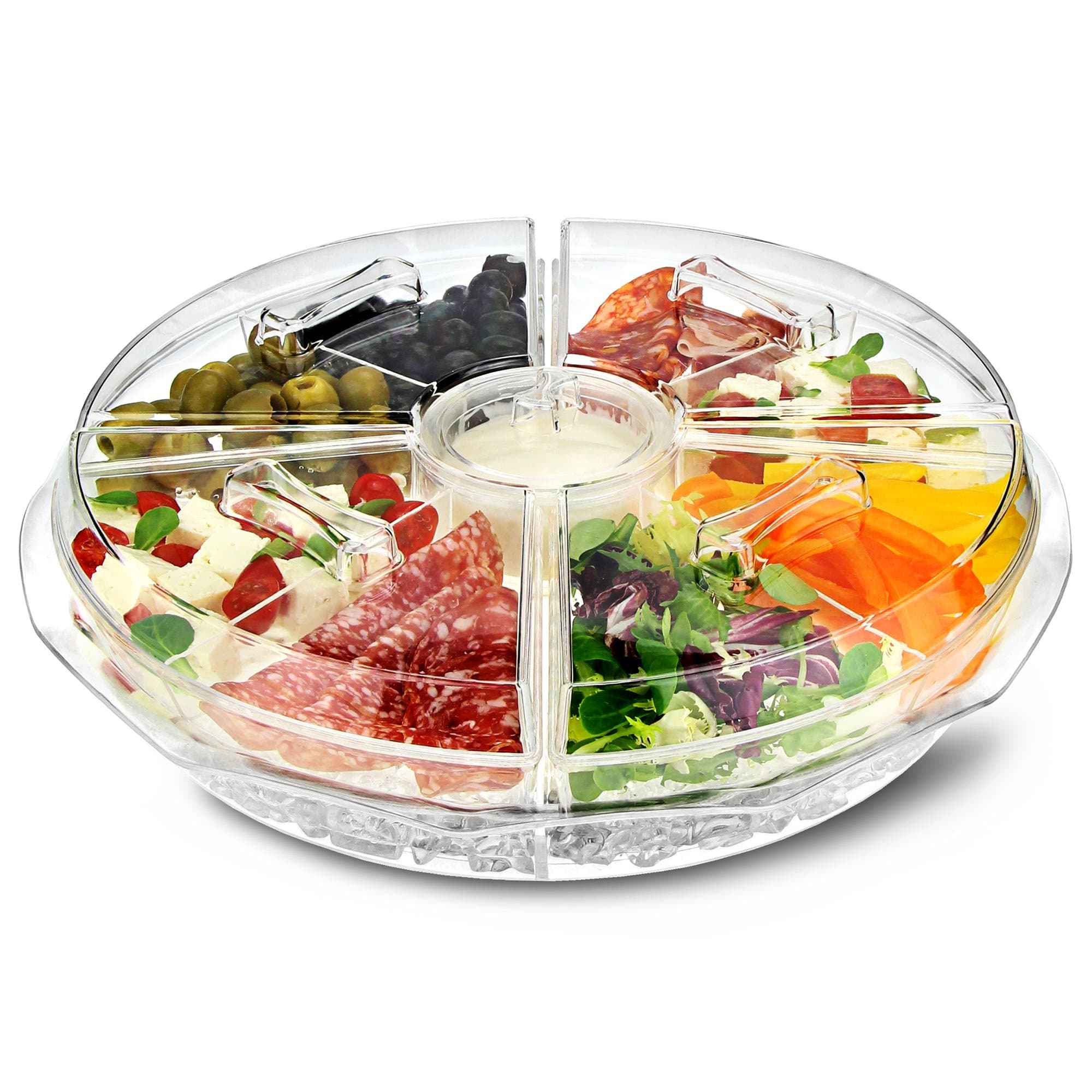 dine@drinkstuff On Ice 8 Section Appetiser Tray - Ice Chilled Sharing Platter with Dip Cup and Lids for Fresh Snacks