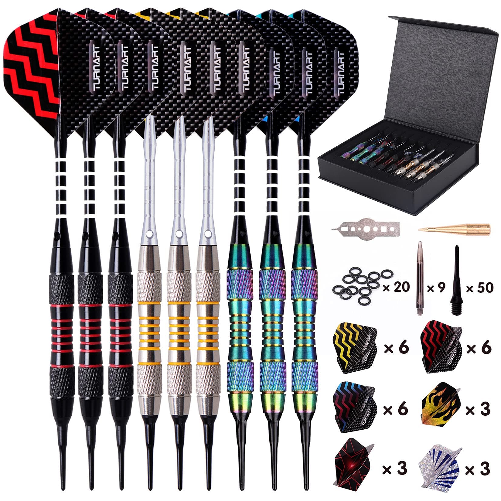 Turnart Darts Plastic Tip - Professional Soft Tip Darts Set for Electronic Dartboard 9 Pcs 18 Grams with 50 Extra Tips 9 Shafts 27 Flights Tool Kit Flight Protectors and Gift Darts Case