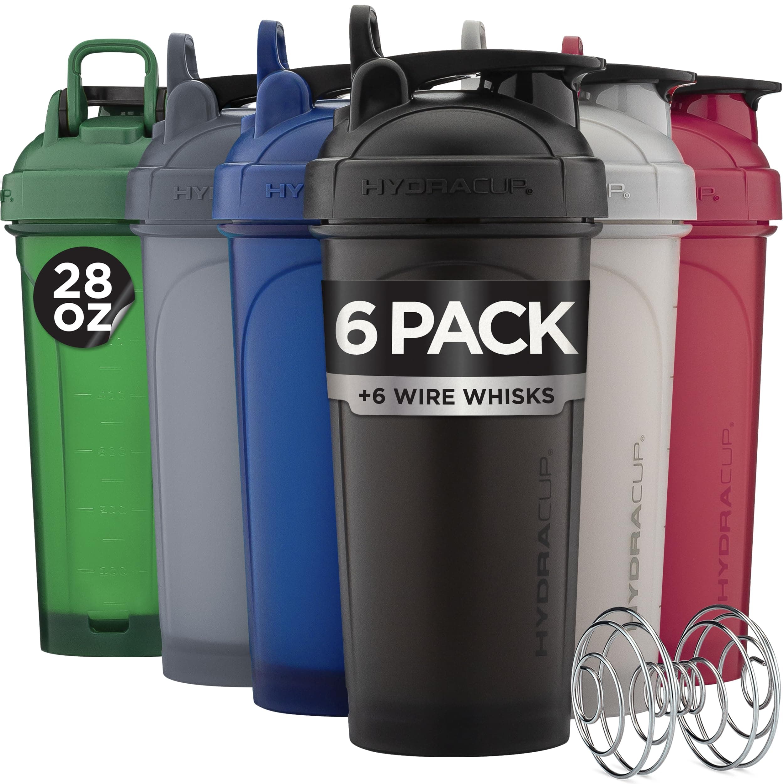 Hydra Cup 6 Pack - 28 oz Protein Shaker Bottles for Protein Mixes with Whisk Ball, Leak-Proof Shaker Cups for Protein Shakes, BPA-Free with Carry Handle