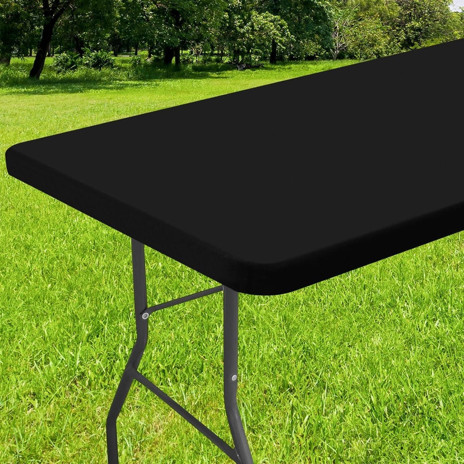 Smiry Rectangle Tablecloth, Elastic Fitted Flannel Backed Vinyl Tablecloths for 6ft Folding Tables, Waterproof Wipeable Table Covers for Indoor, Outdoor, Picnic and Camping (Black, 30"x72")