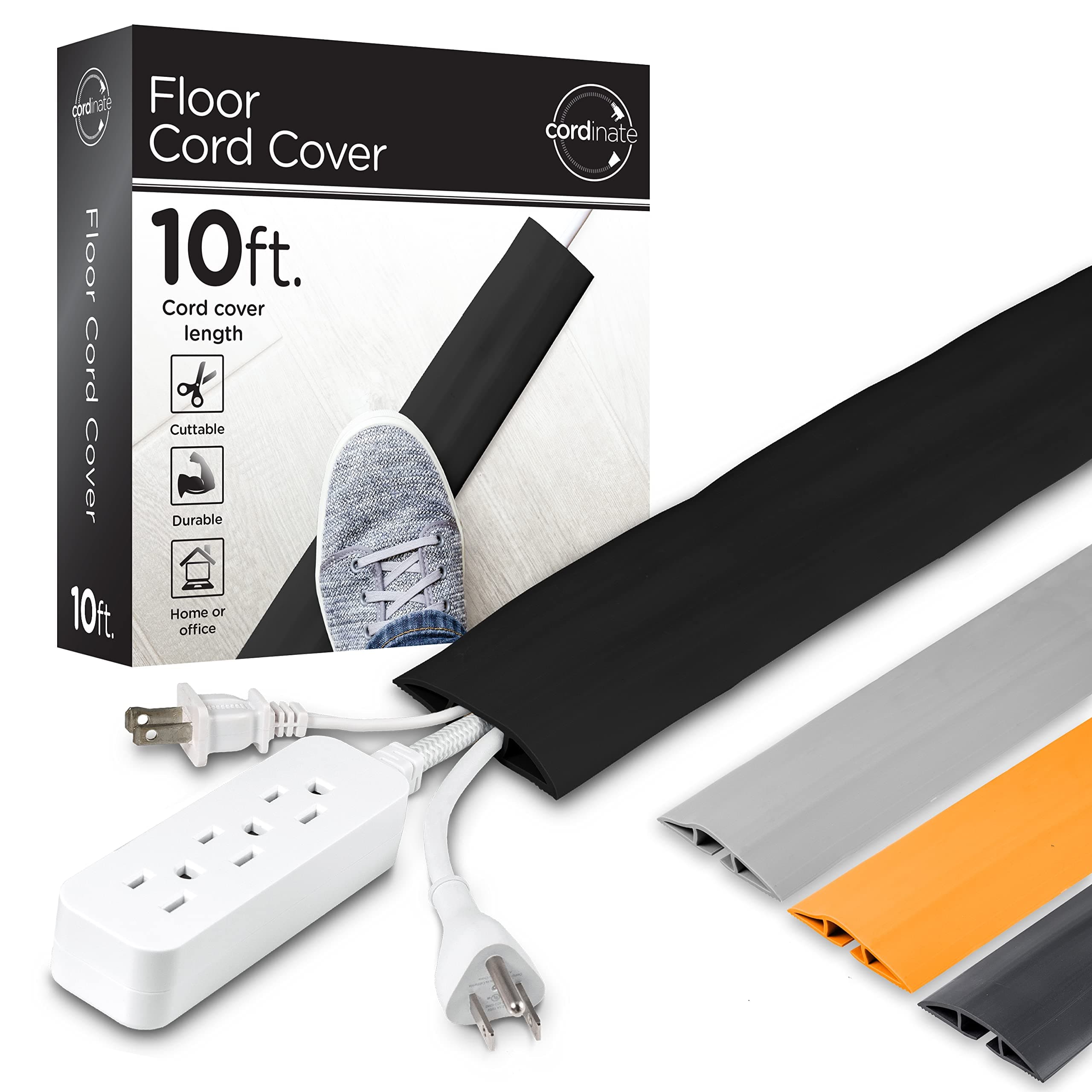 10 ft Cord Cover Floor, Protector, Management, Concealer, Cable Hider and Raceway, Extension Cover, Black, 49628