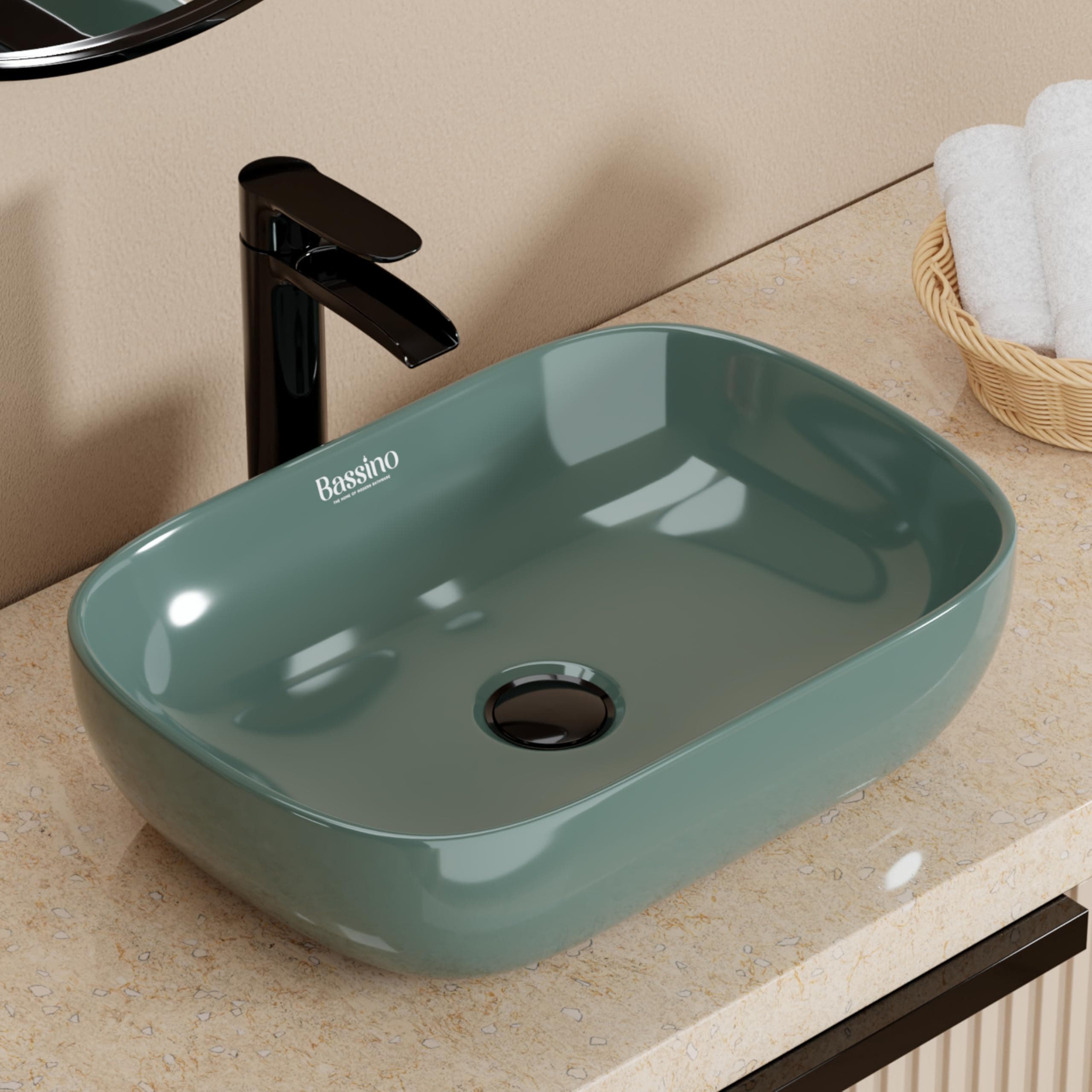 - BASSINO 18x13x5.5 Inches Ceramic Counter Top Wash Basin/10 Years Glazing Warranty/Green Basin for Bathroom/Rectangular Shape Tabletop Washbasin for Restaurant/Dining Hall/Living Room(Glossy)