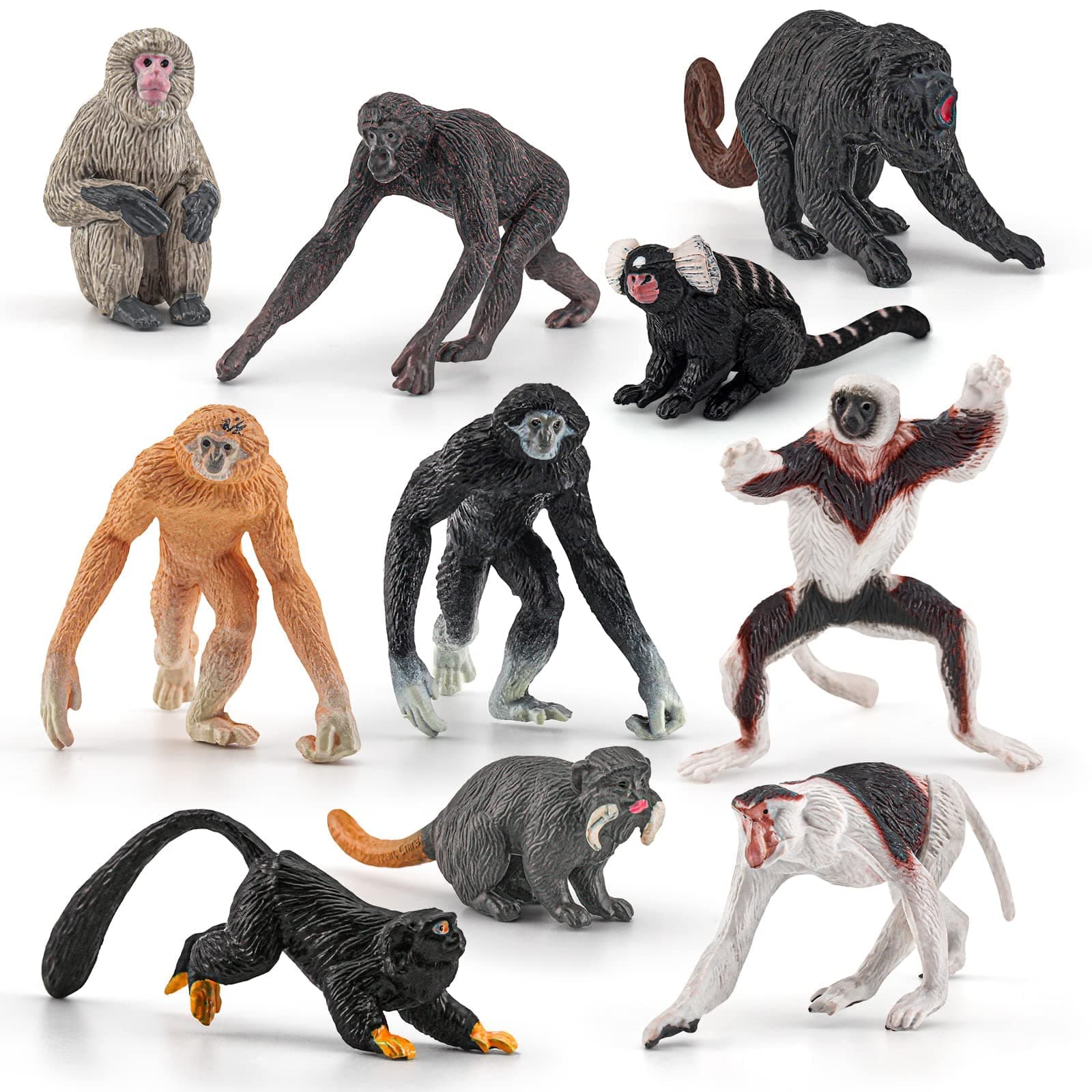 – 10 PCS Various Monkeys & Gorillas Figurines Playset, Proboscis Monkeys Japanese Macaques Marmosets Gibbons Lemurs, Cake Toppers Christmas Birthday Gift for Kids Todllers