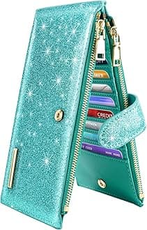 Coco Rossi Womens RFID Blocking Glitter Leather Multi Card Organizer Bifold Black Wallet with Zipper Pocket,Tiffany Glitter