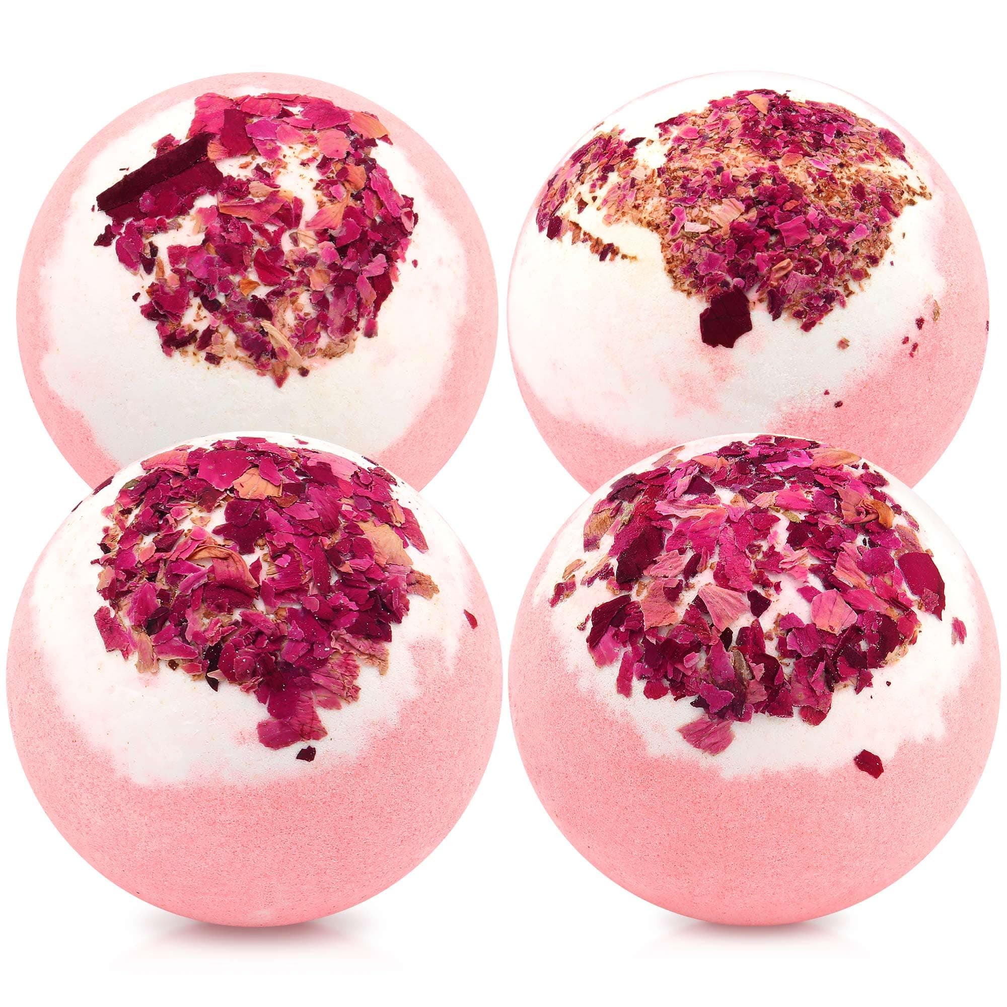 Dried Flower Bath Bombs Salt Balls,4-Pack Gift Set,Rose Extract Essential Oils,Moisturizing Dry Skin,Fizzy Spa,Relaxation,Self Care,Relaxing,Bubble Bath Bomb Gifts Idea for Men Women