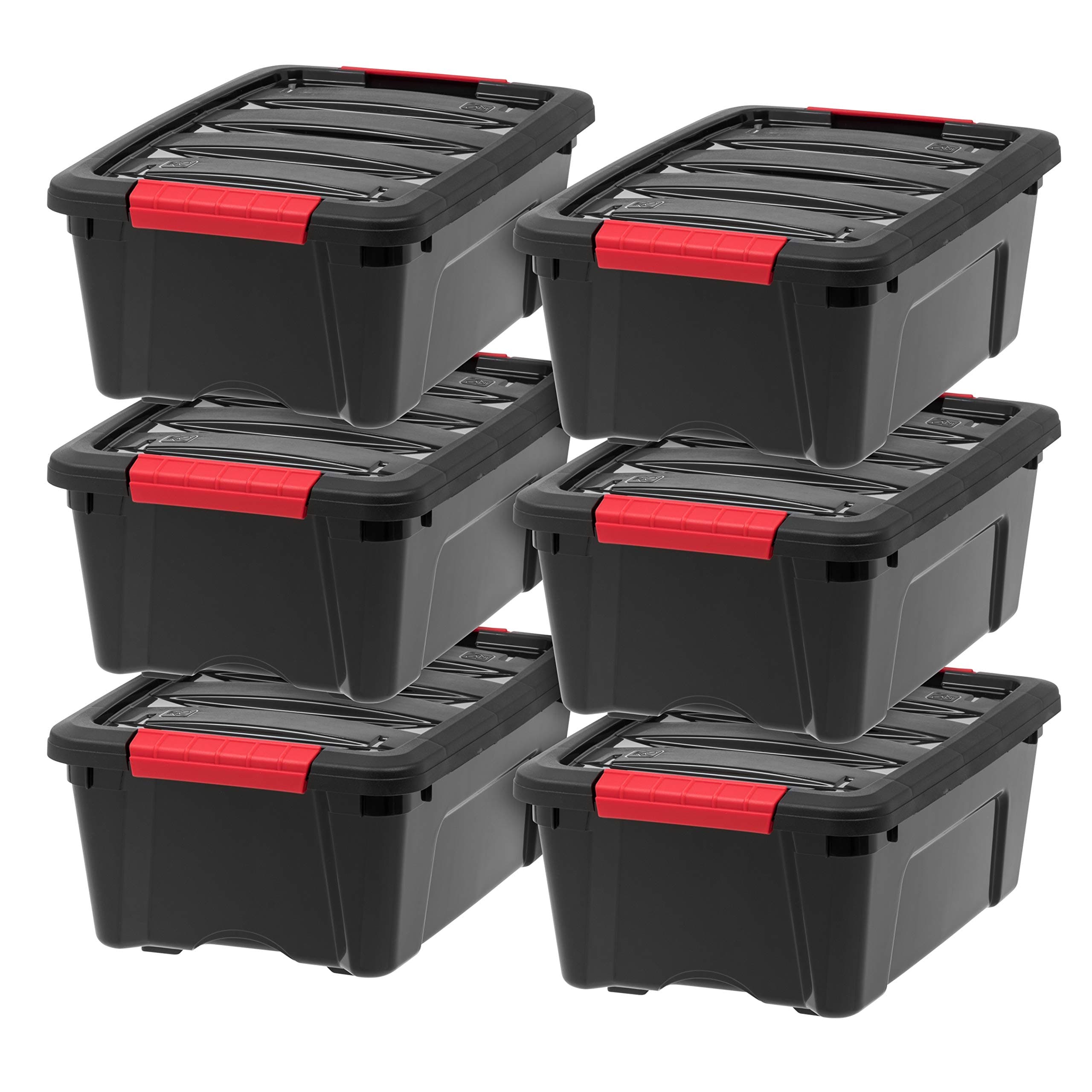 13 QT Plastic Storage Box with Lid and Latches - 6 Pack - BPA-Free, Garage Organizing Solution, Durable Nestable Stackable Containers, Secure Pull Handle - Black
