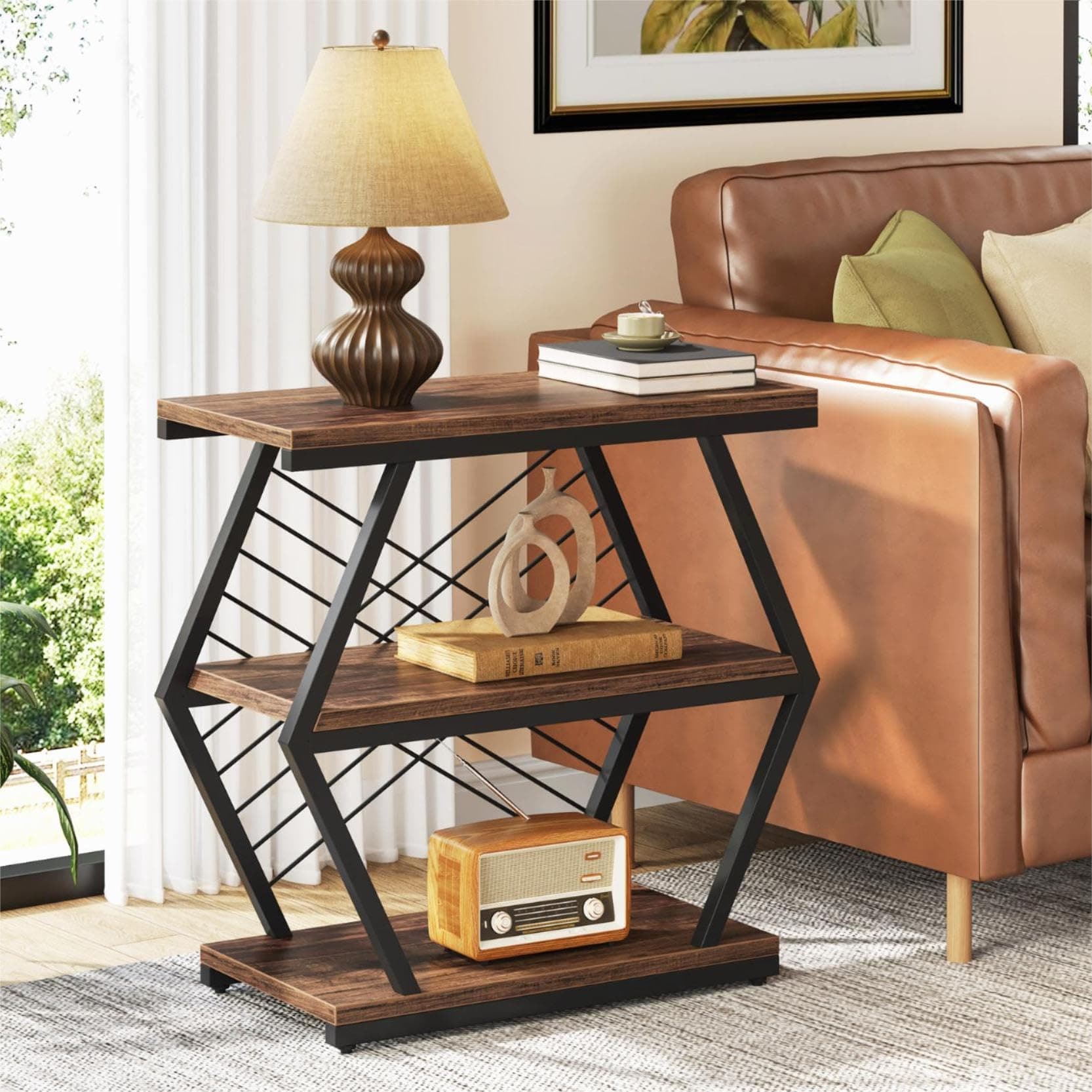 Tribesigns End Table, Industrial Side Table with 3 Tiers Storage Shelves, Wood Accent Table with Geometric Metal Frame, for Living Room, Bedroom (1, Rustic Brown)