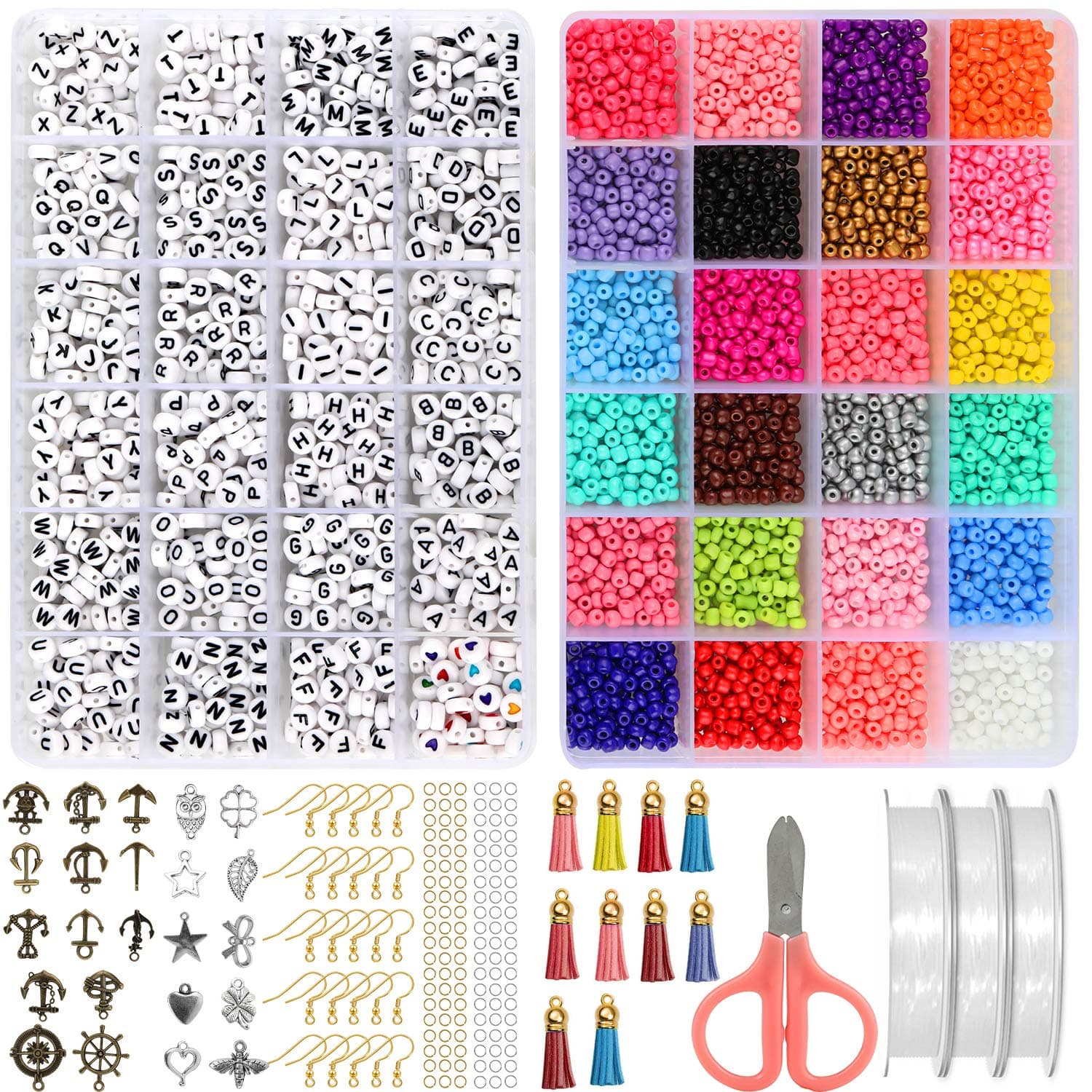 Apsung 4mm Glass Seed and Alphabet Letter Beads with String, Charms, Tassel Pendants, Earring Hook and Scissors for DIY Jewelry Making Bracelets Kit